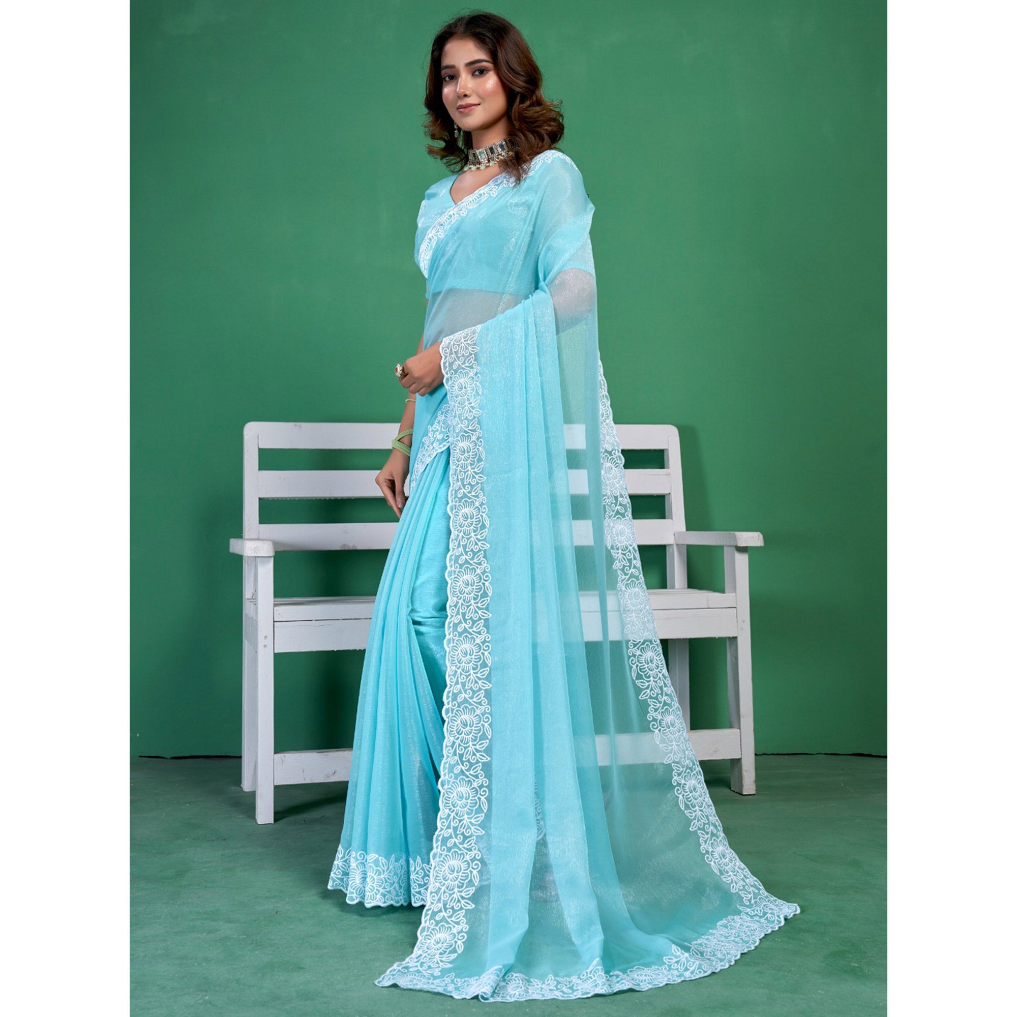 Blue Chiffon Saree With Embroidered Border