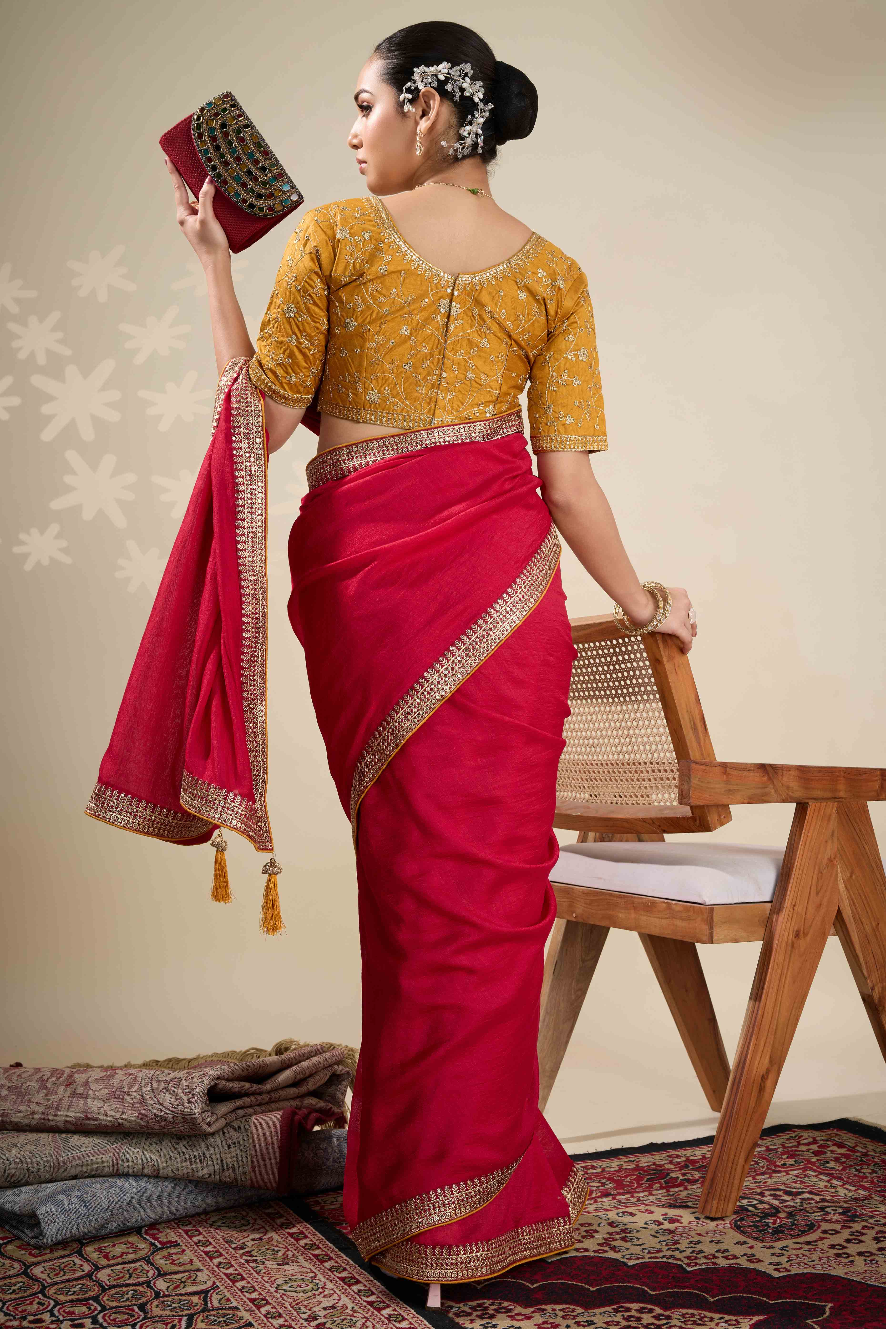 Graceful Vichitra Silk Saree in Cherry Red with Embroidered Bordering