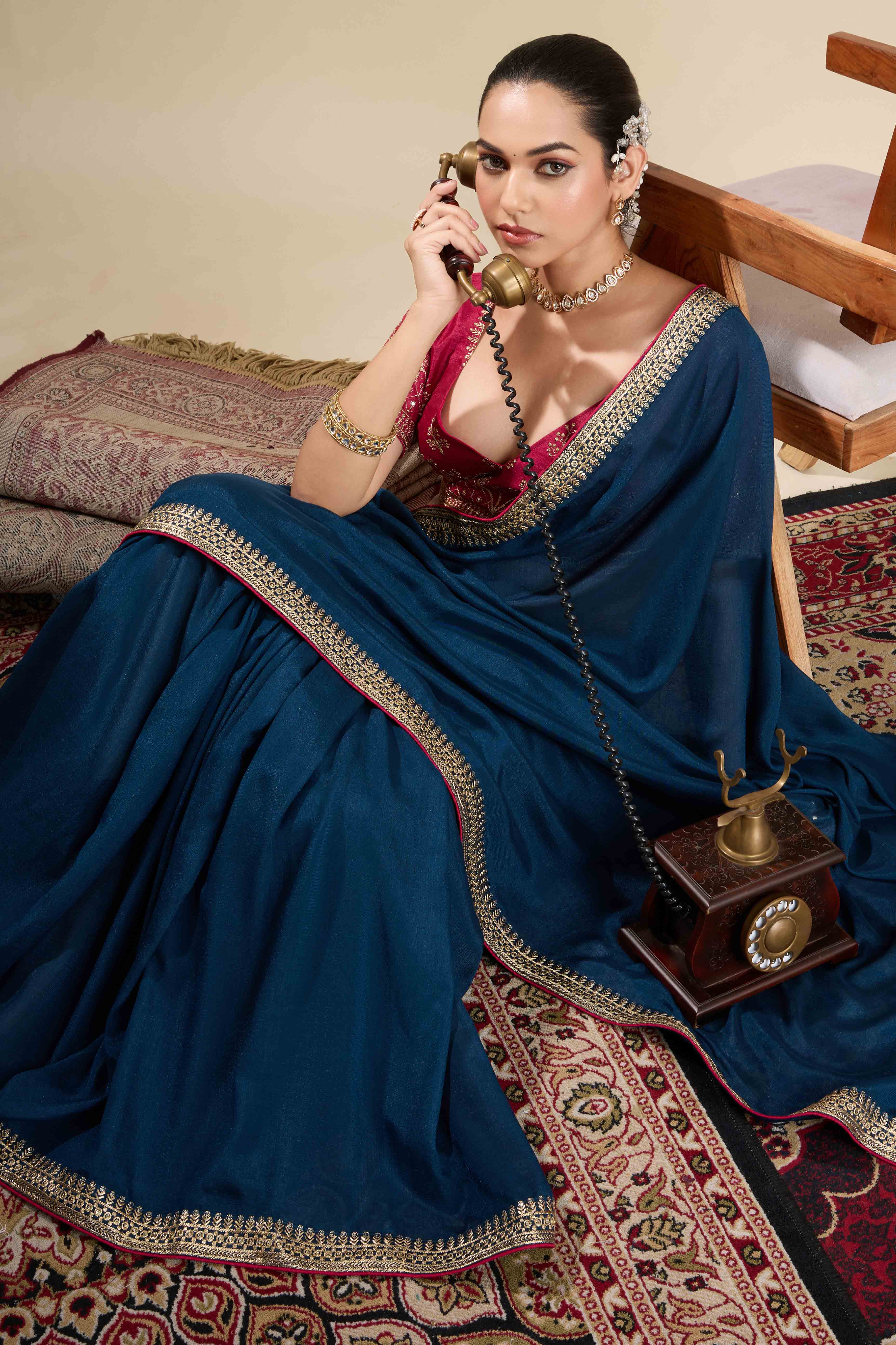 Graceful Vichitra Silk Saree in Navy Blue with Embroidered Bordering