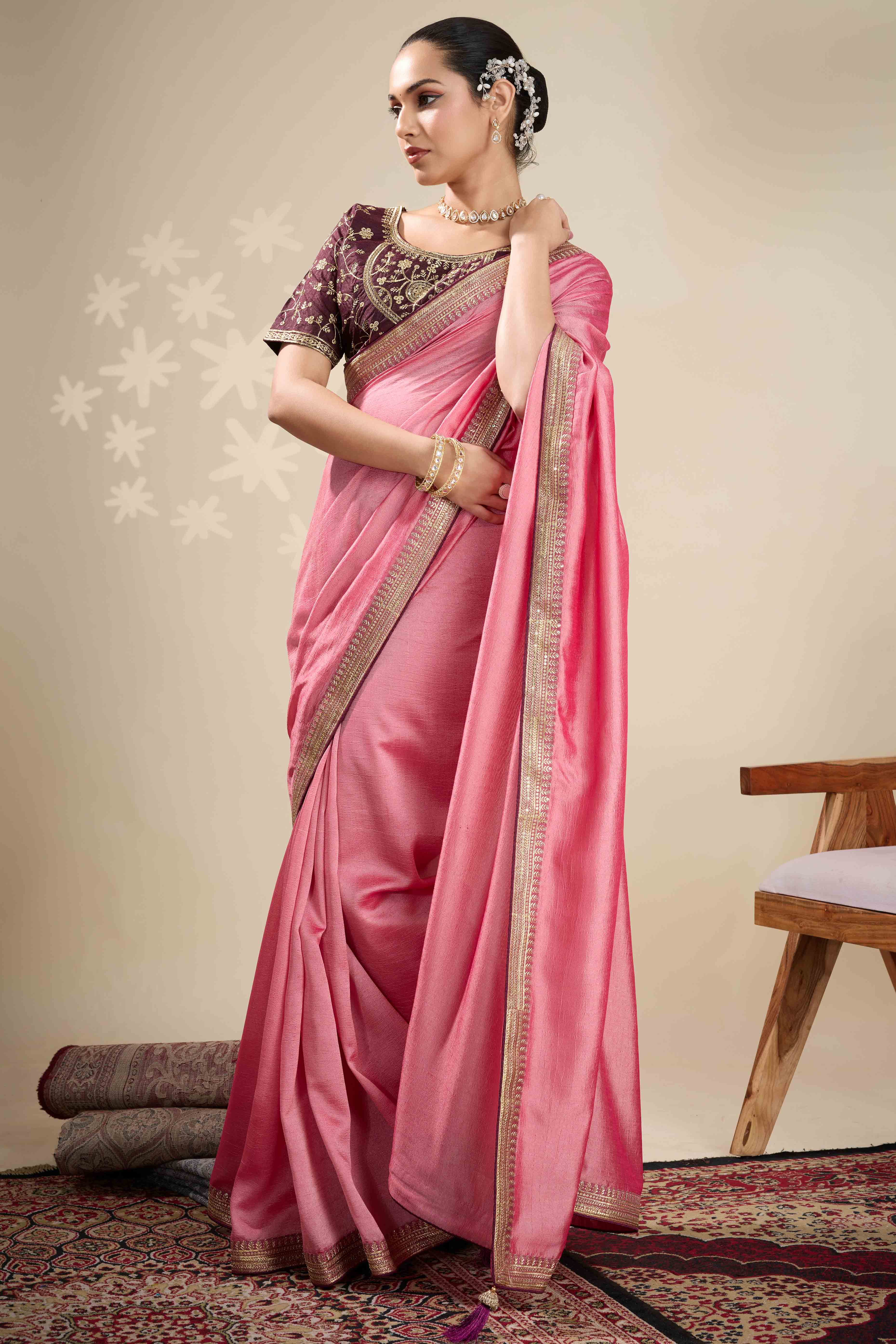 Graceful Vichitra Silk Saree in Baby Pink with Embroidered Bordering