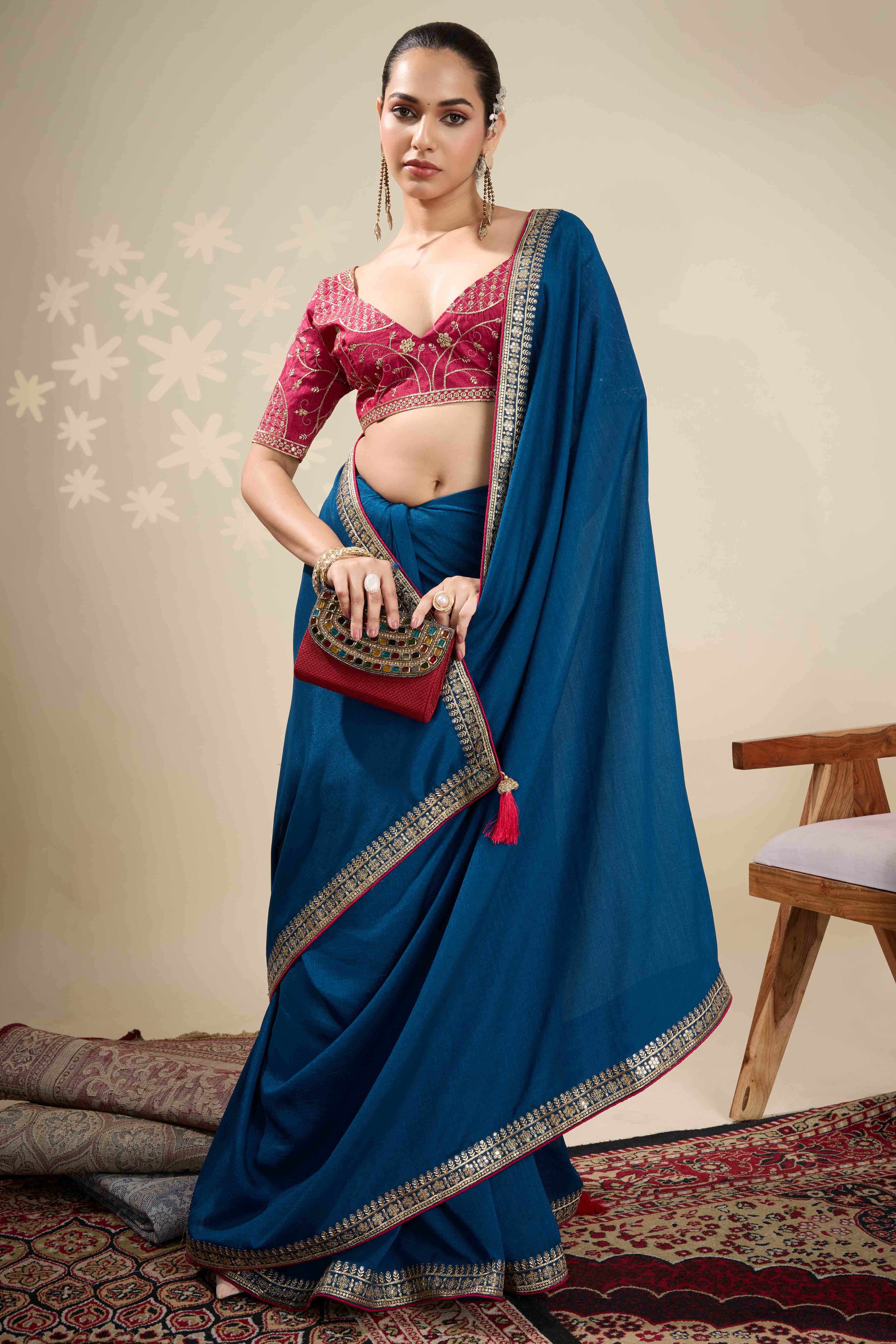 Graceful Vichitra Silk Saree in Blue with Embroidered Bordering