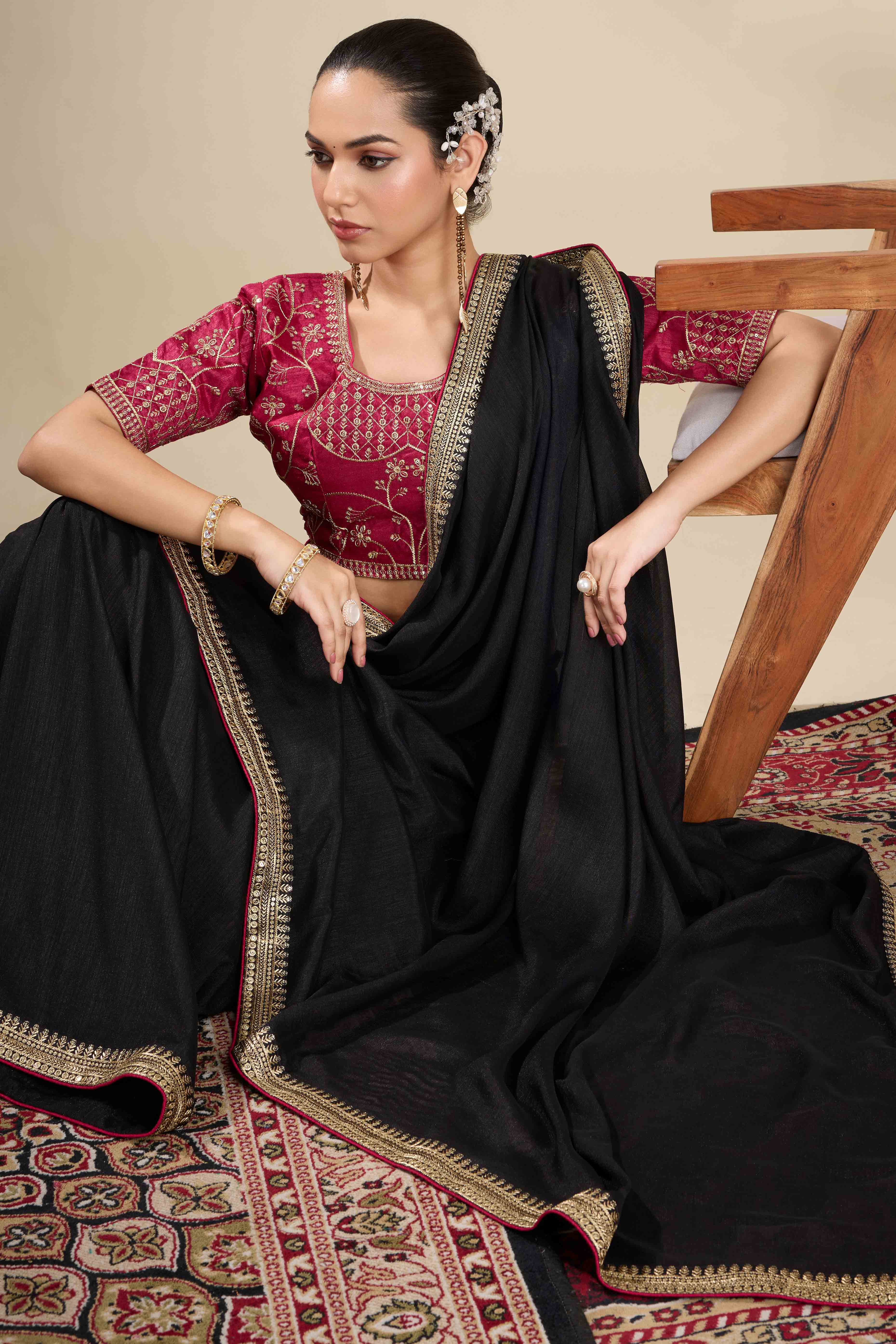 Graceful Vichitra Silk Saree in Black with Embroidered Bordering