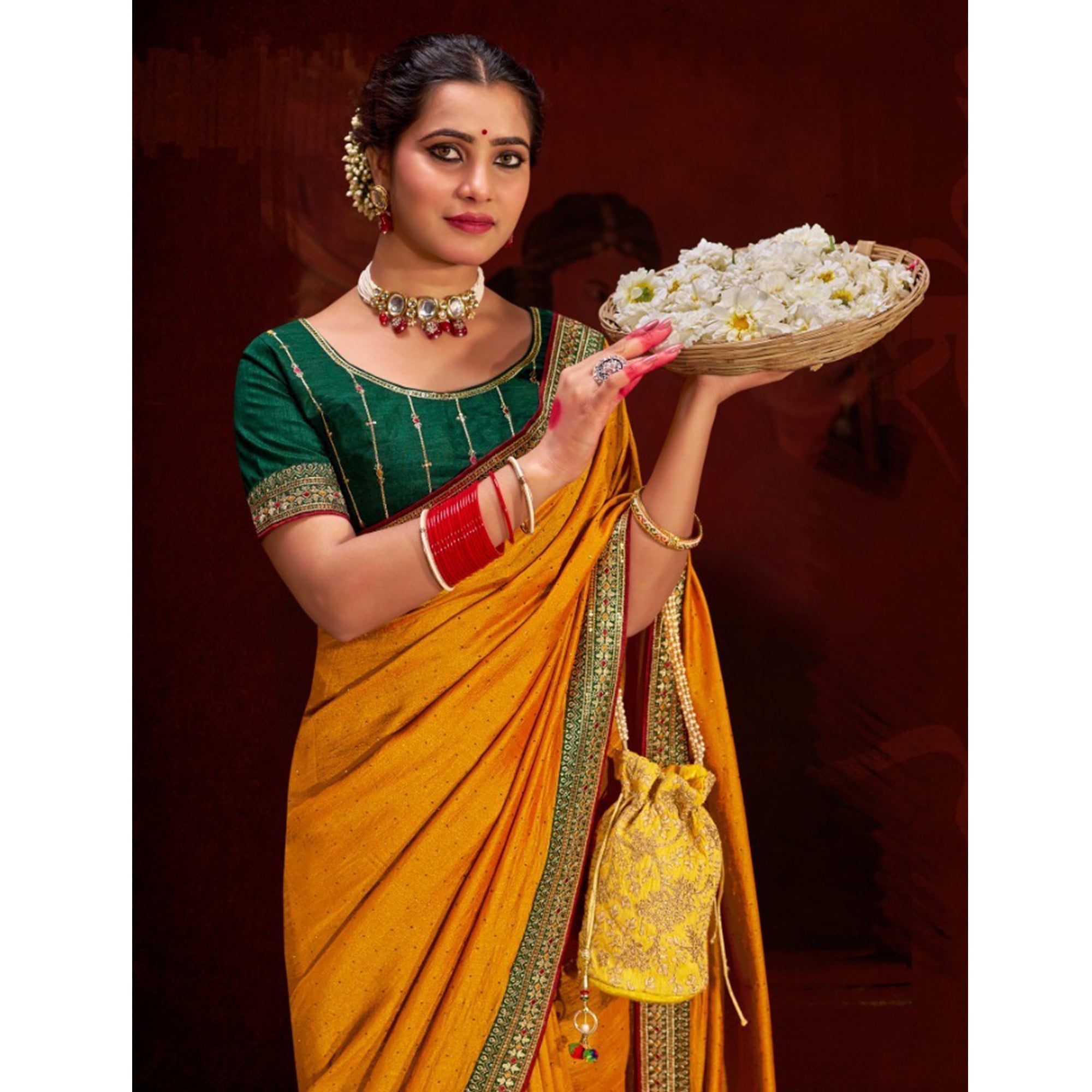 Mustard Embroidered Vichitra Silk Saree With Tassels