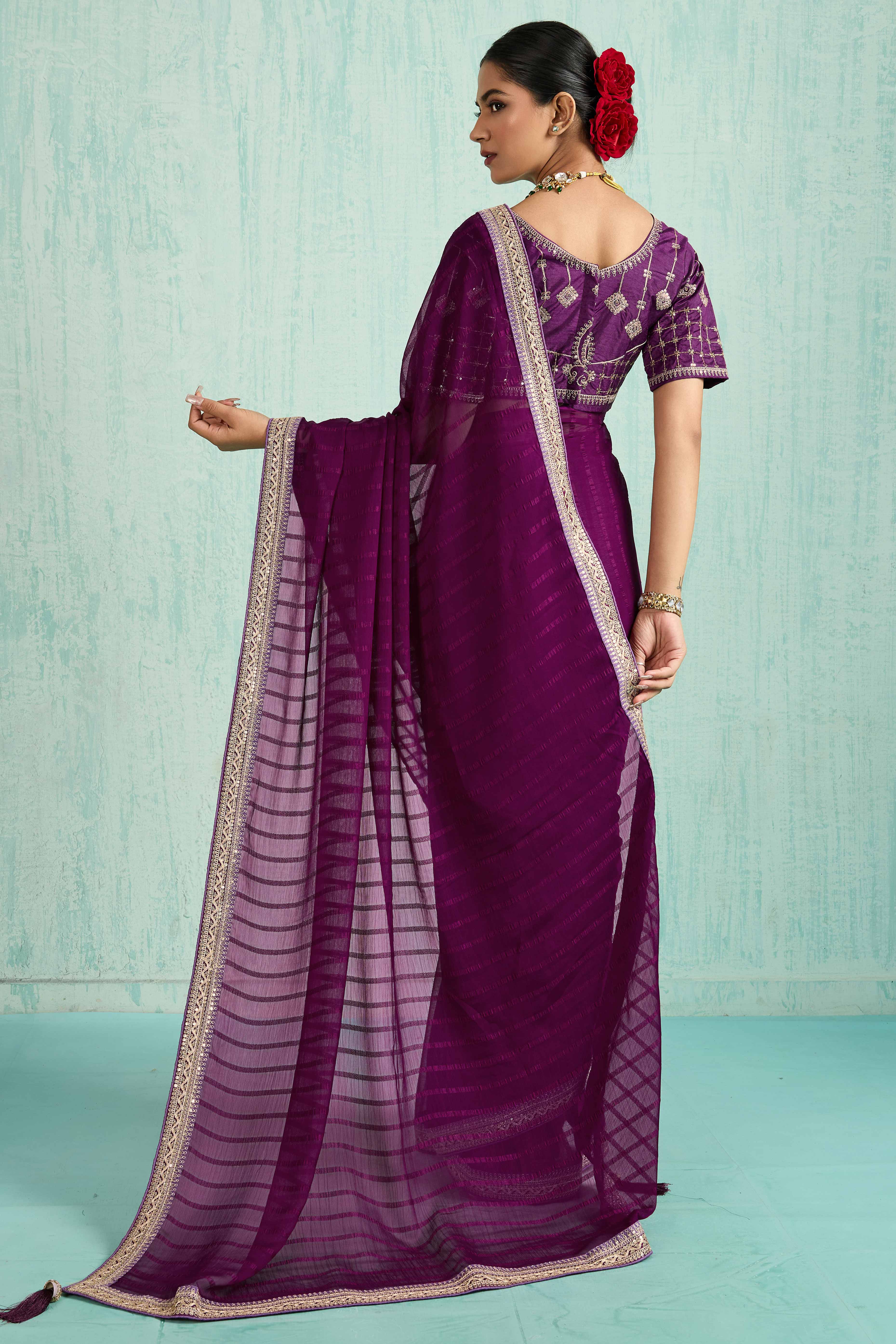 Purple Chiffon Saree With Elegant Stripes & Sequins Embroidered Border