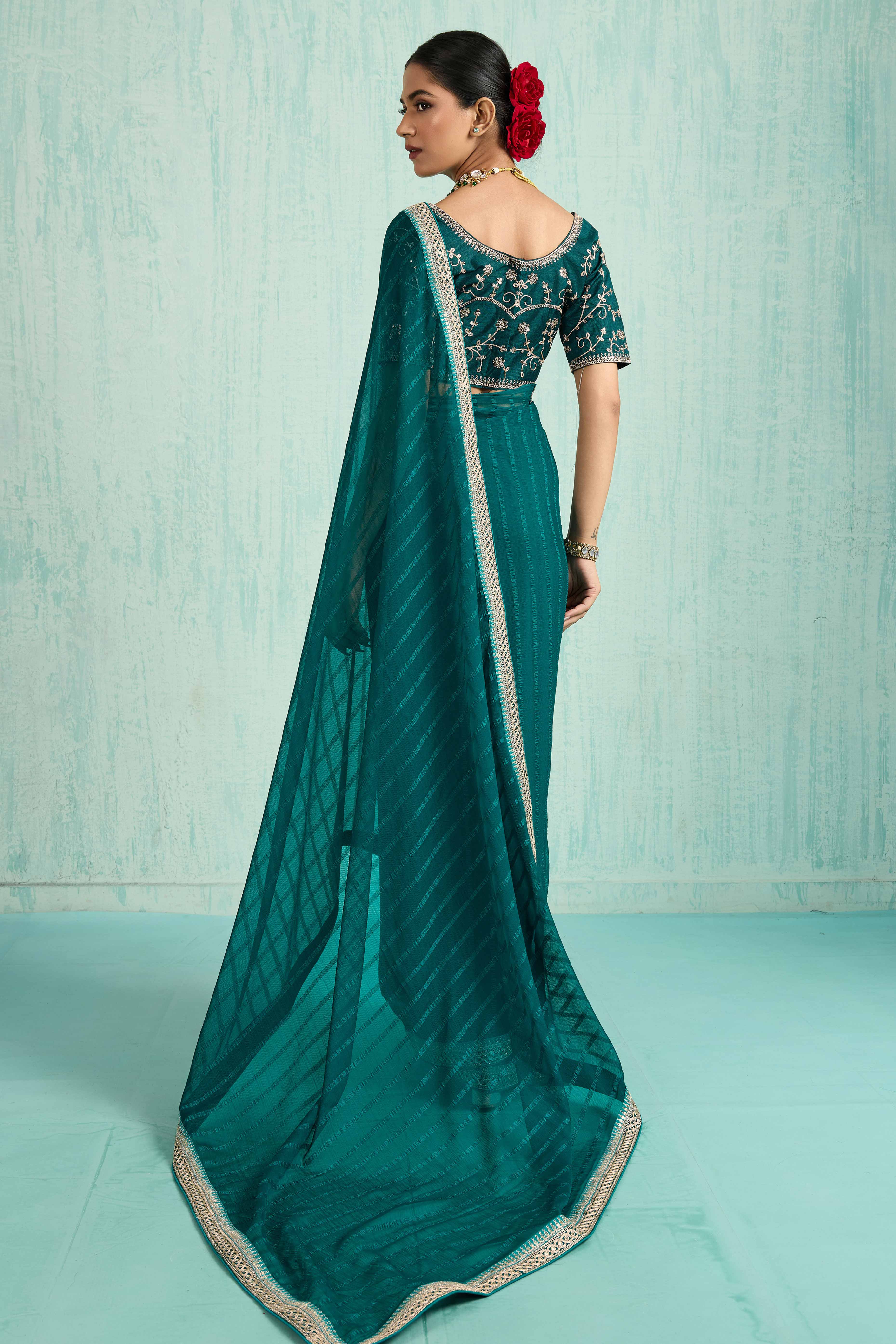 Teal Chiffon Saree With Elegant Stripes & Sequins Embroidered Border