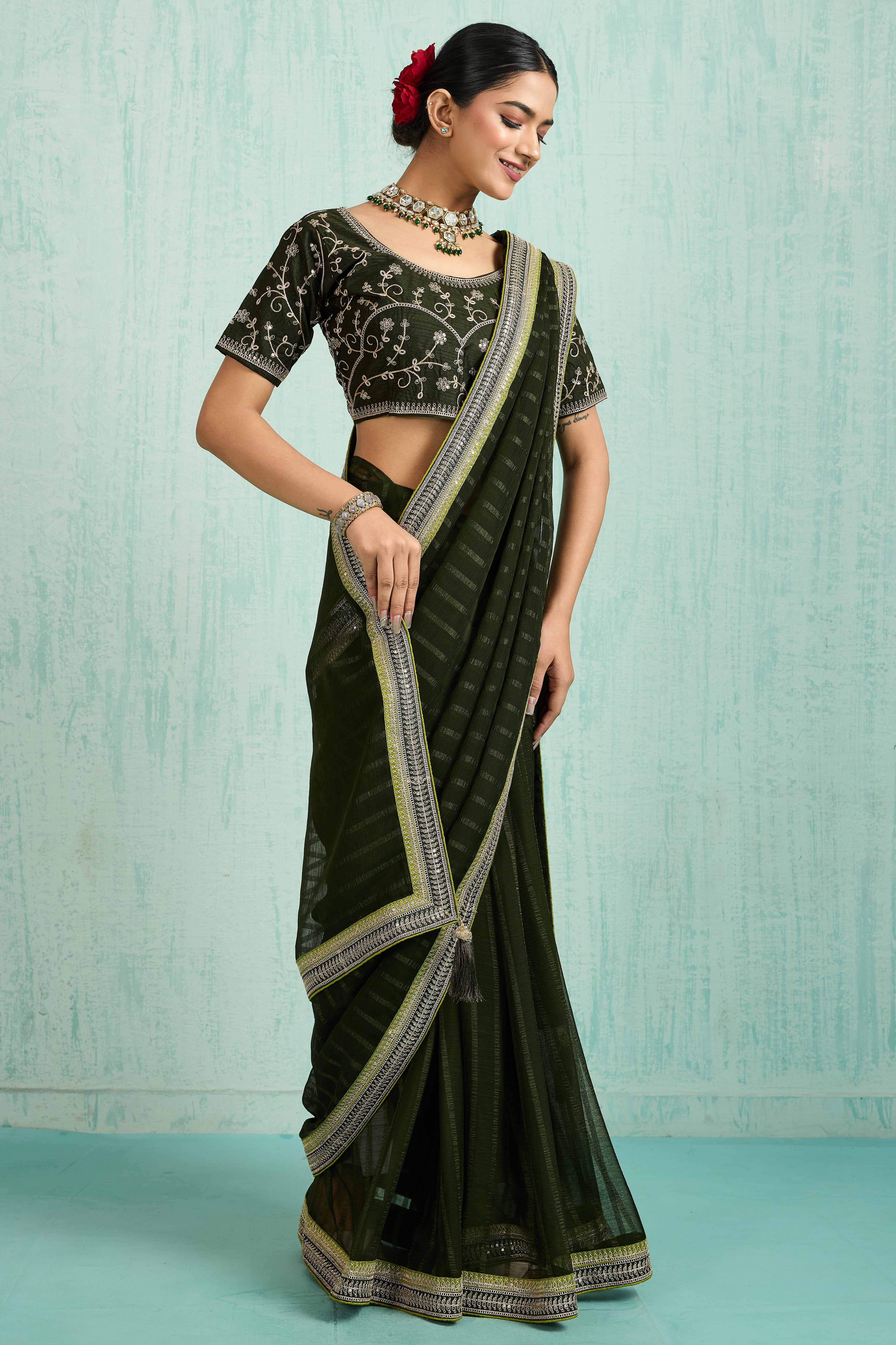 Mehandi Green Chiffon Saree With Elegant Stripes & Sequins Embroidered Border