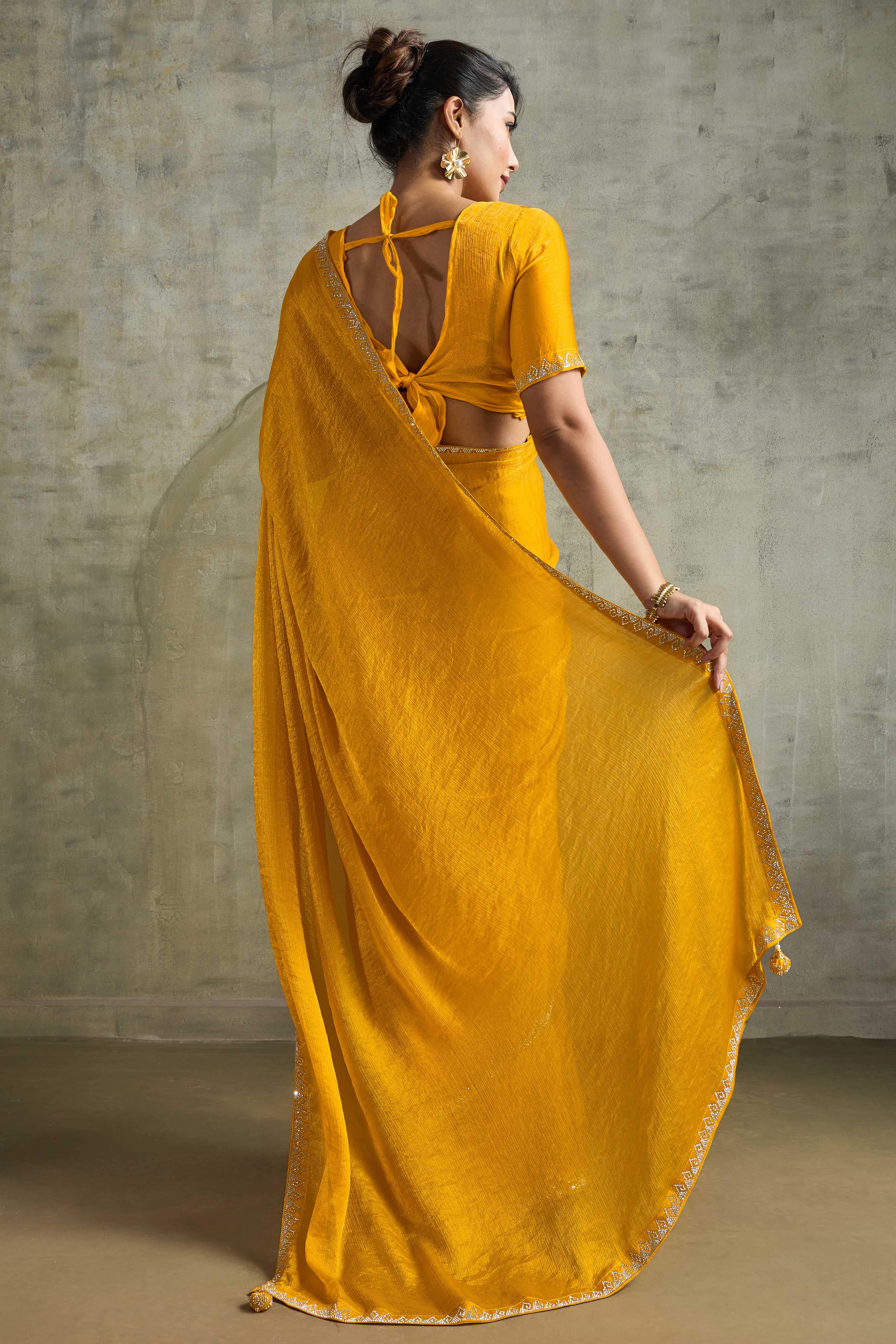 Mustard Solid Chiffon Saree With Sparkling Zarkan Border & Latkan Pallu