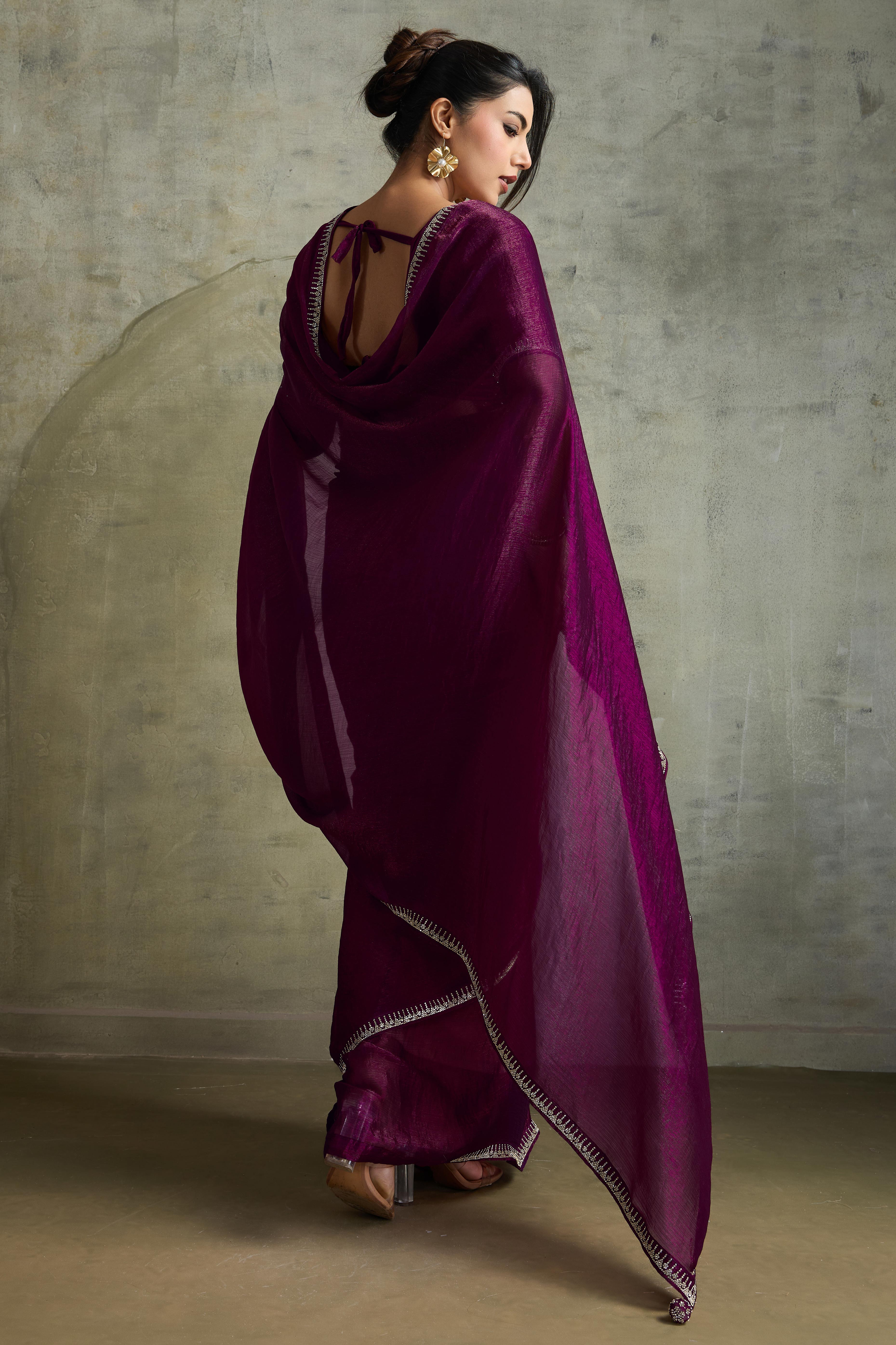 Wine Solid Chiffon Saree With Sparkling Zarkan Border & Latkan Pallu