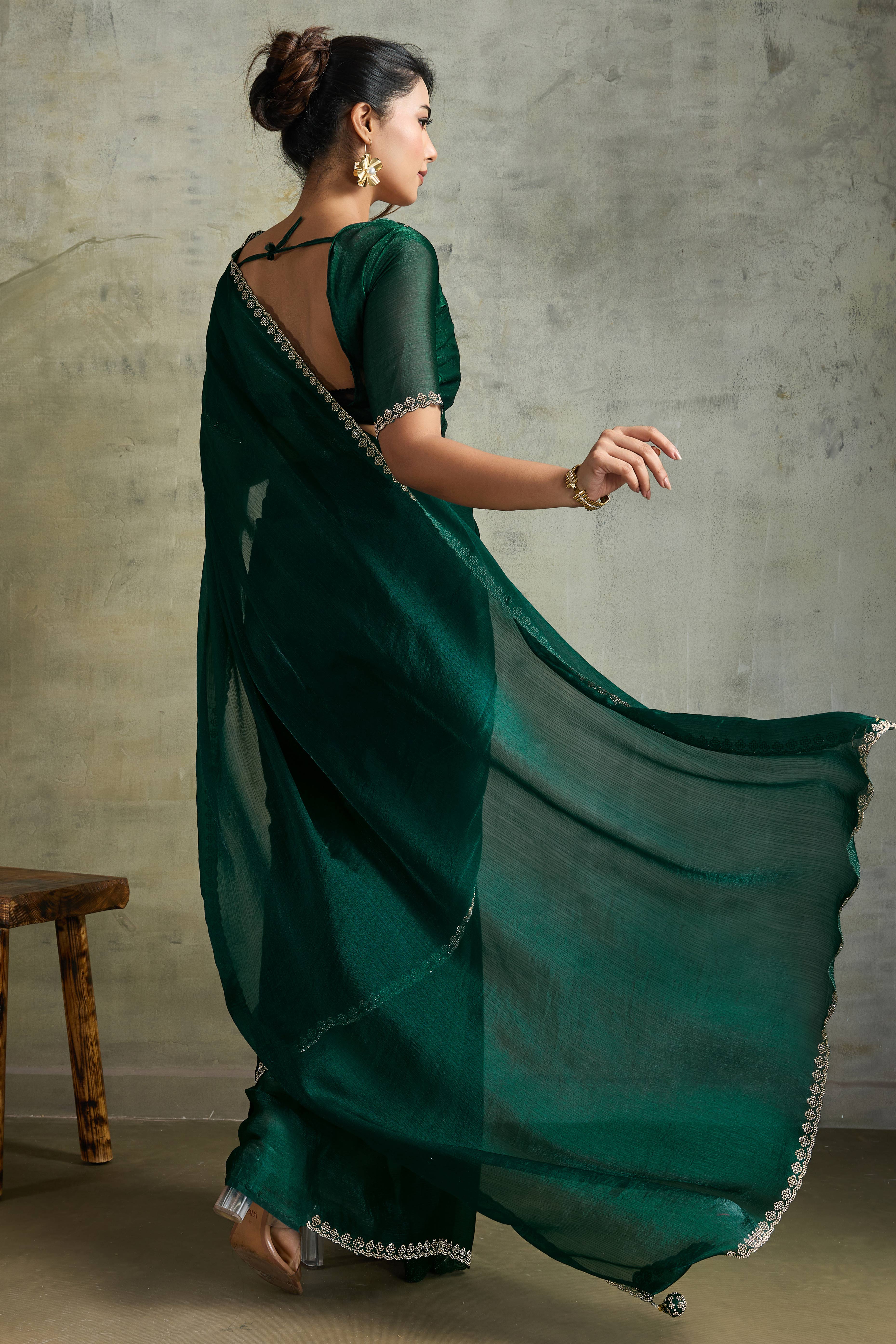 Green Solid Chiffon Saree With Sparkling Zarkan Border & Latkan Pallu