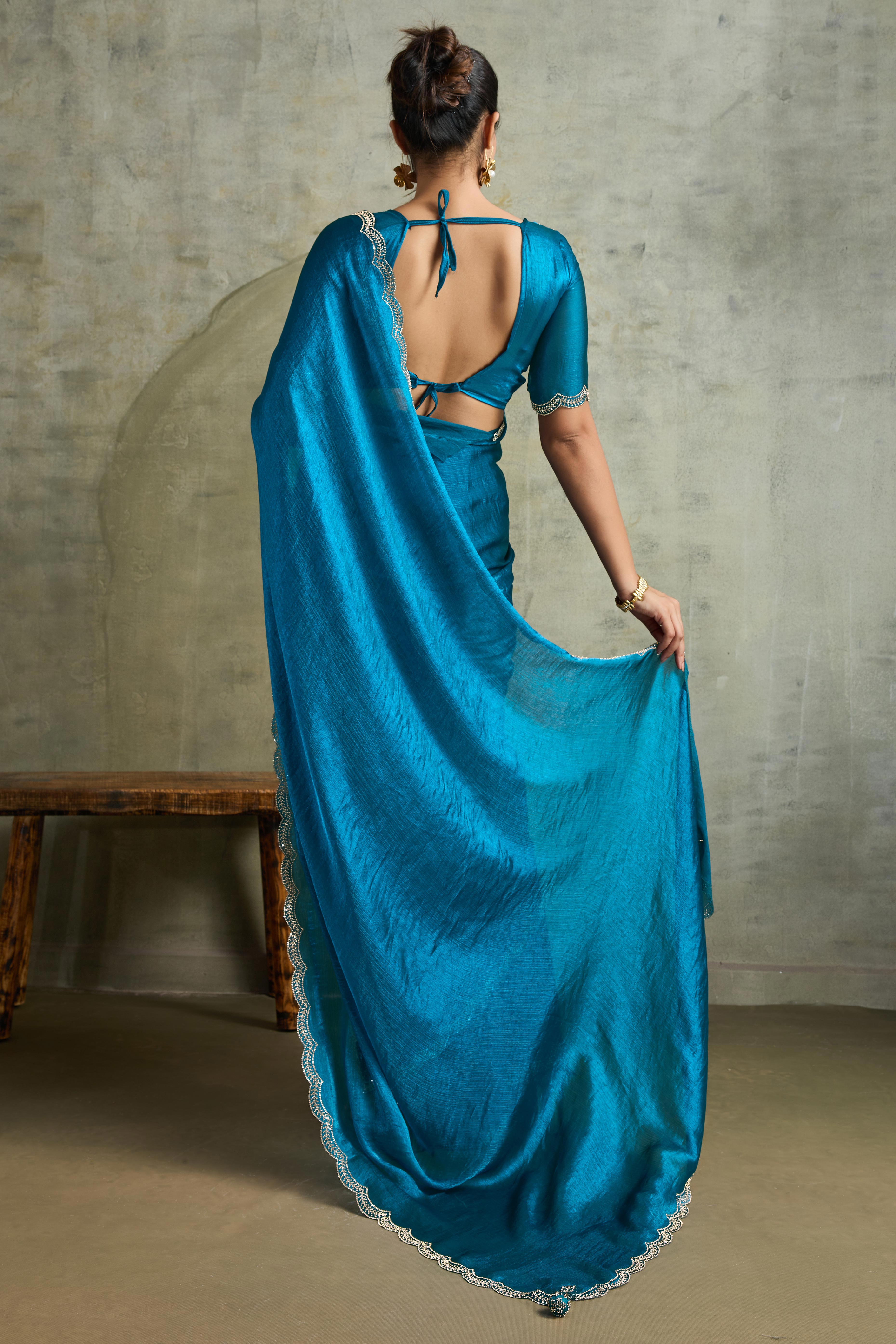 Blue Solid Chiffon Saree With Sparkling Zarkan Border & Latkan Pallu