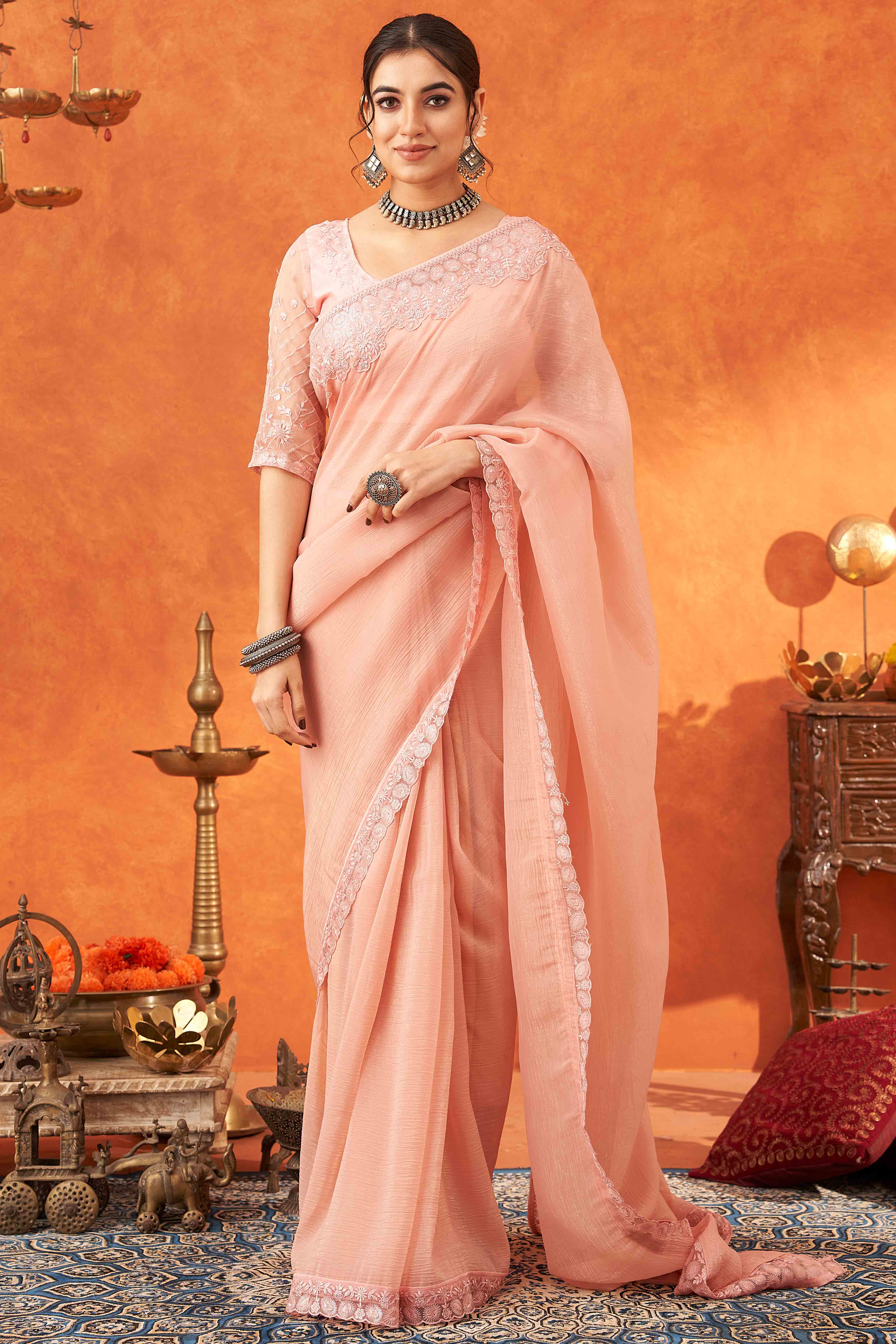 Peach Embroidered Crunchy Soft Net Saree With Embellished Border