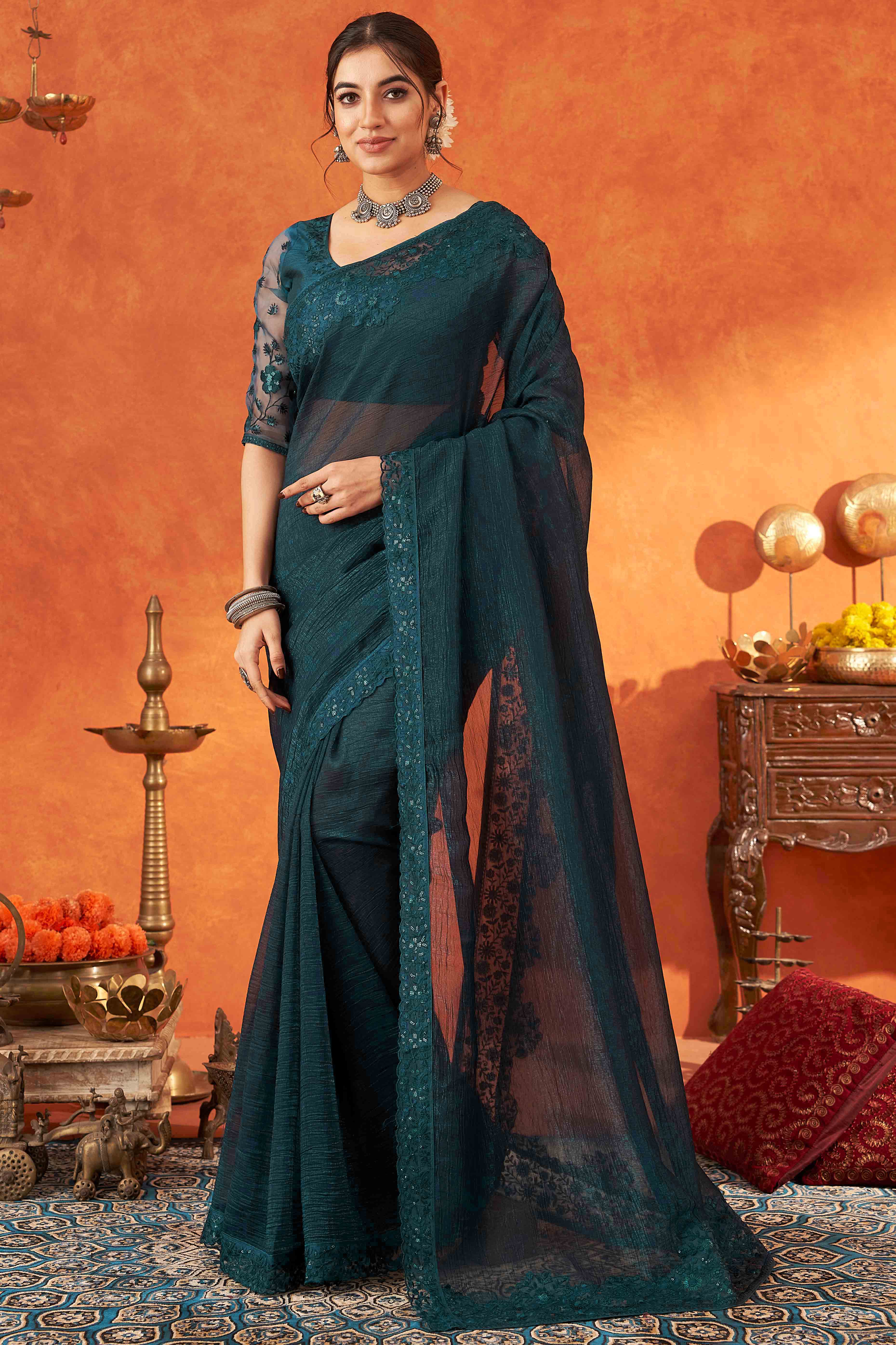 Teal Embroidered Crunchy Soft Net Saree With Embellished Border