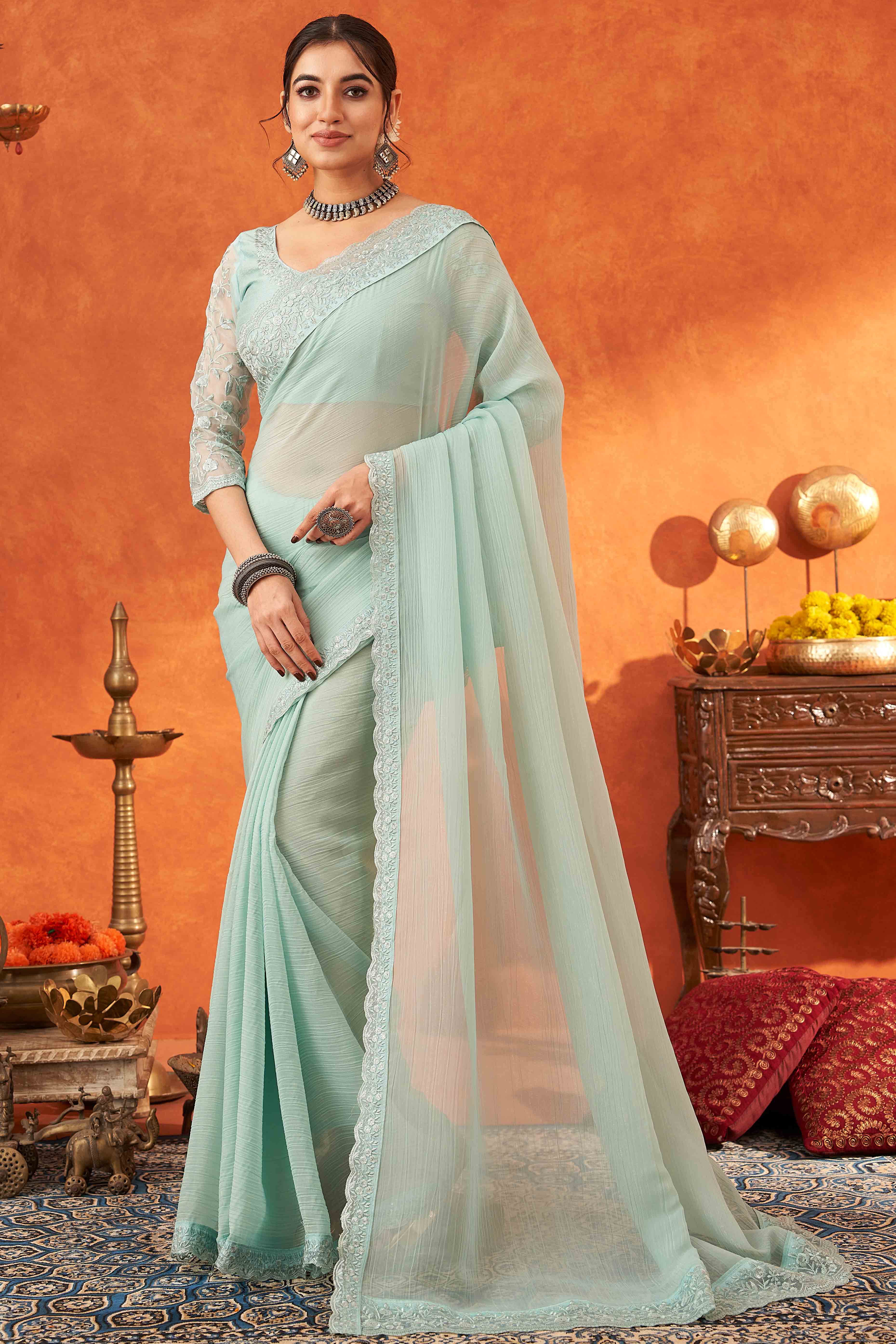 Mint Green Embroidered Crunchy Soft Net Saree With Embellished Border