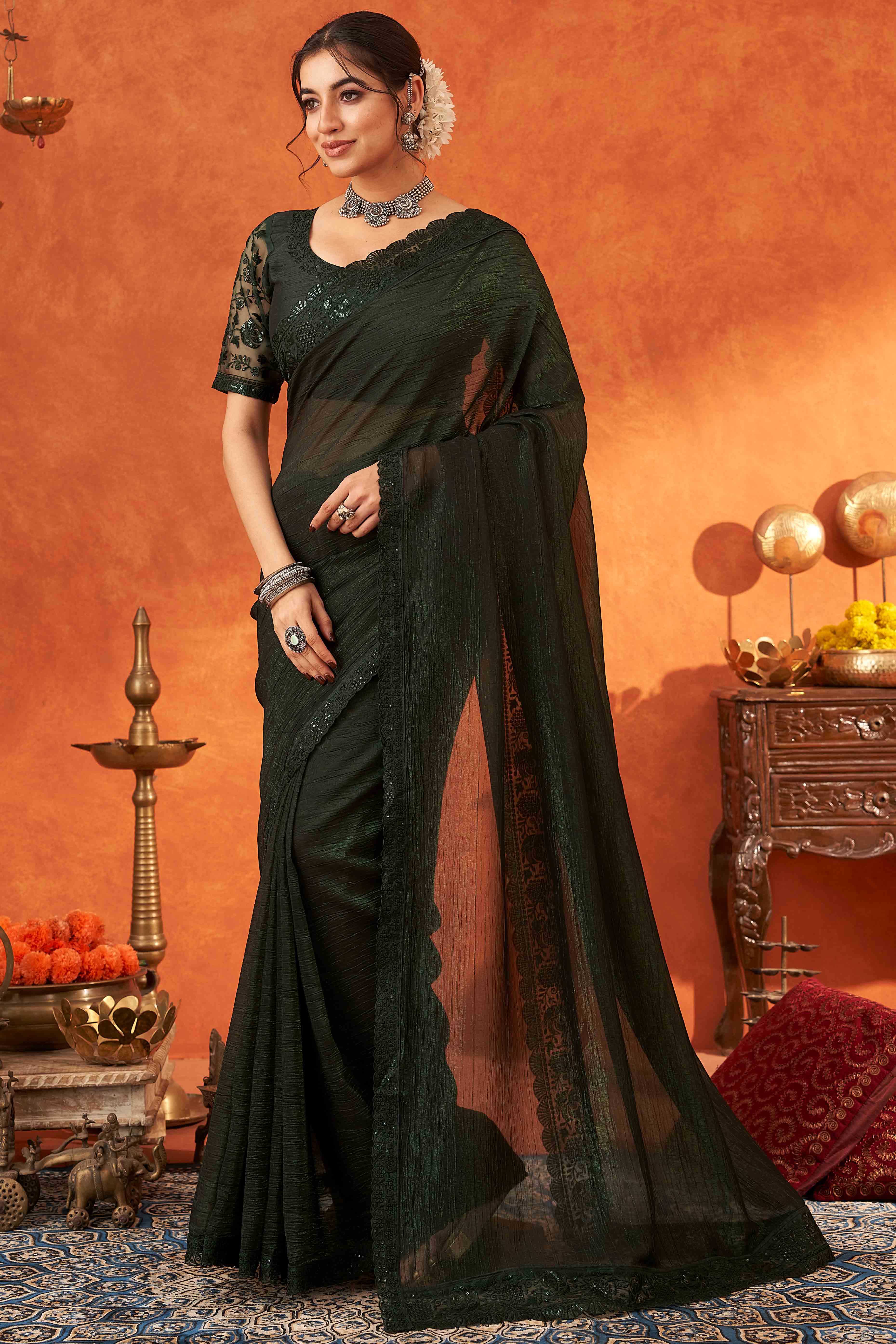 Green Embroidered Crunchy Soft Net Saree With Embellished Border