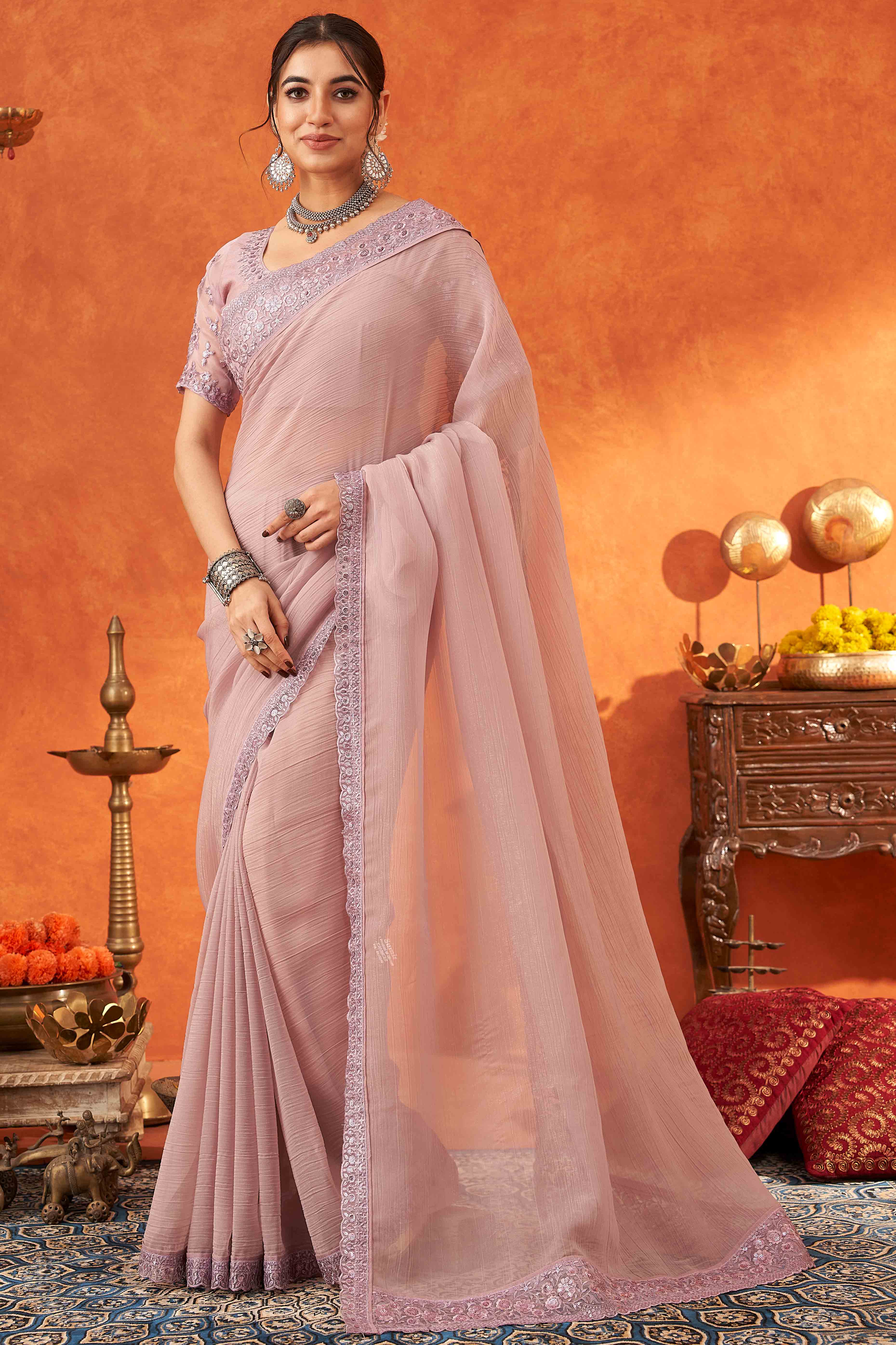 Lavender Embroidered Crunchy Soft Net Saree With Embellished Border