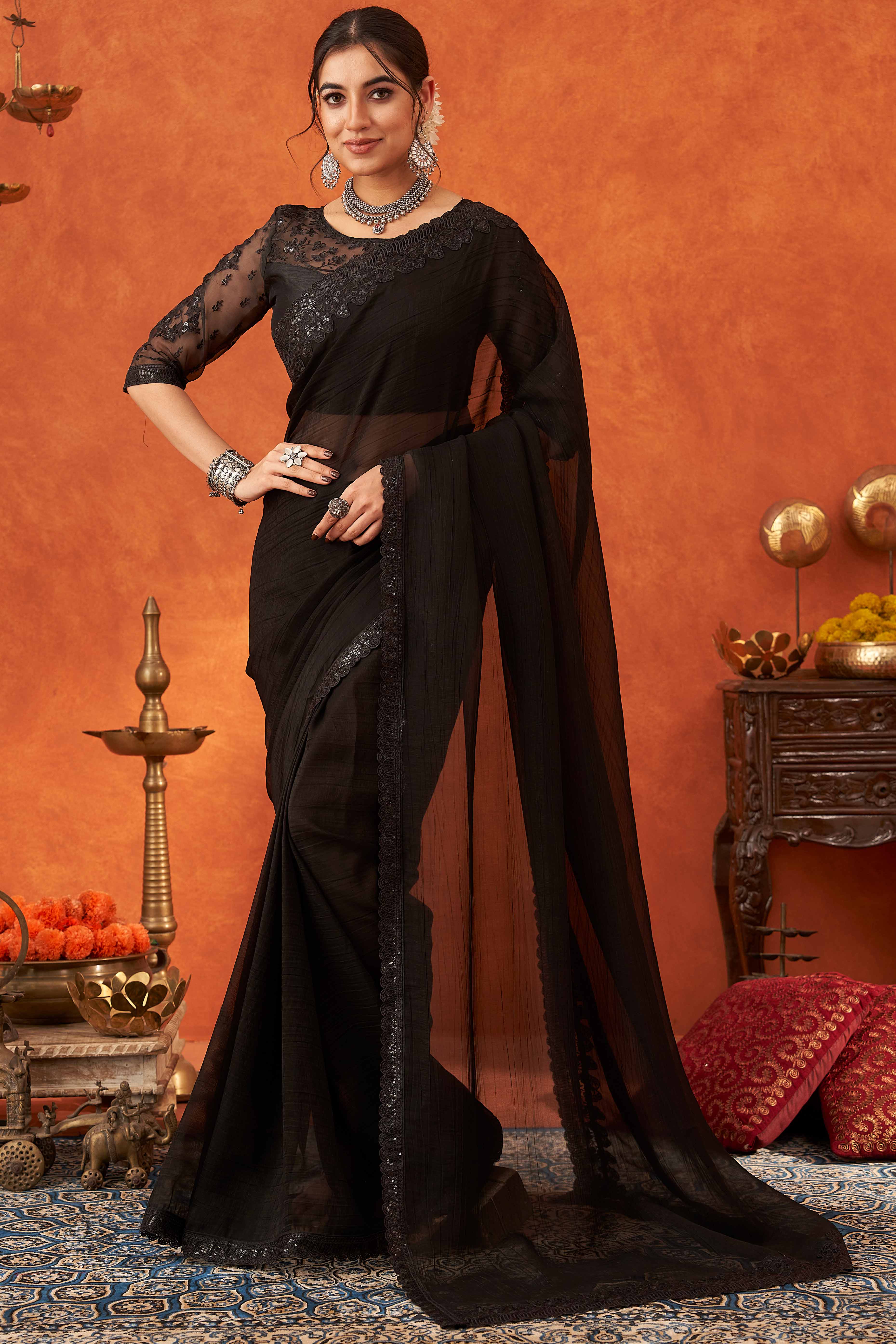 Black Embroidered Crunchy Soft Net Saree With Embellished Border