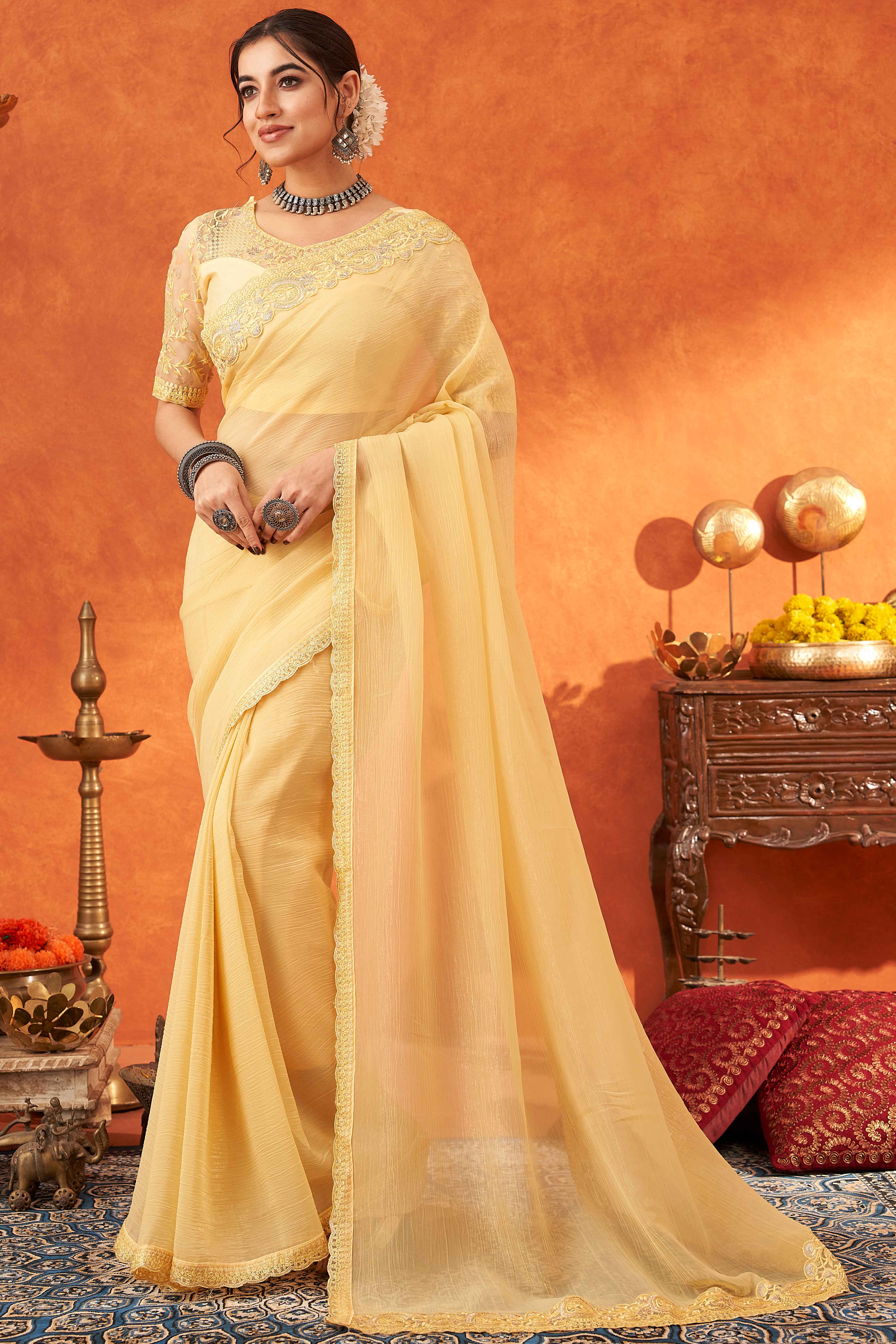 Yellow Embroidered Crunchy Soft Net Saree With Embellished Border