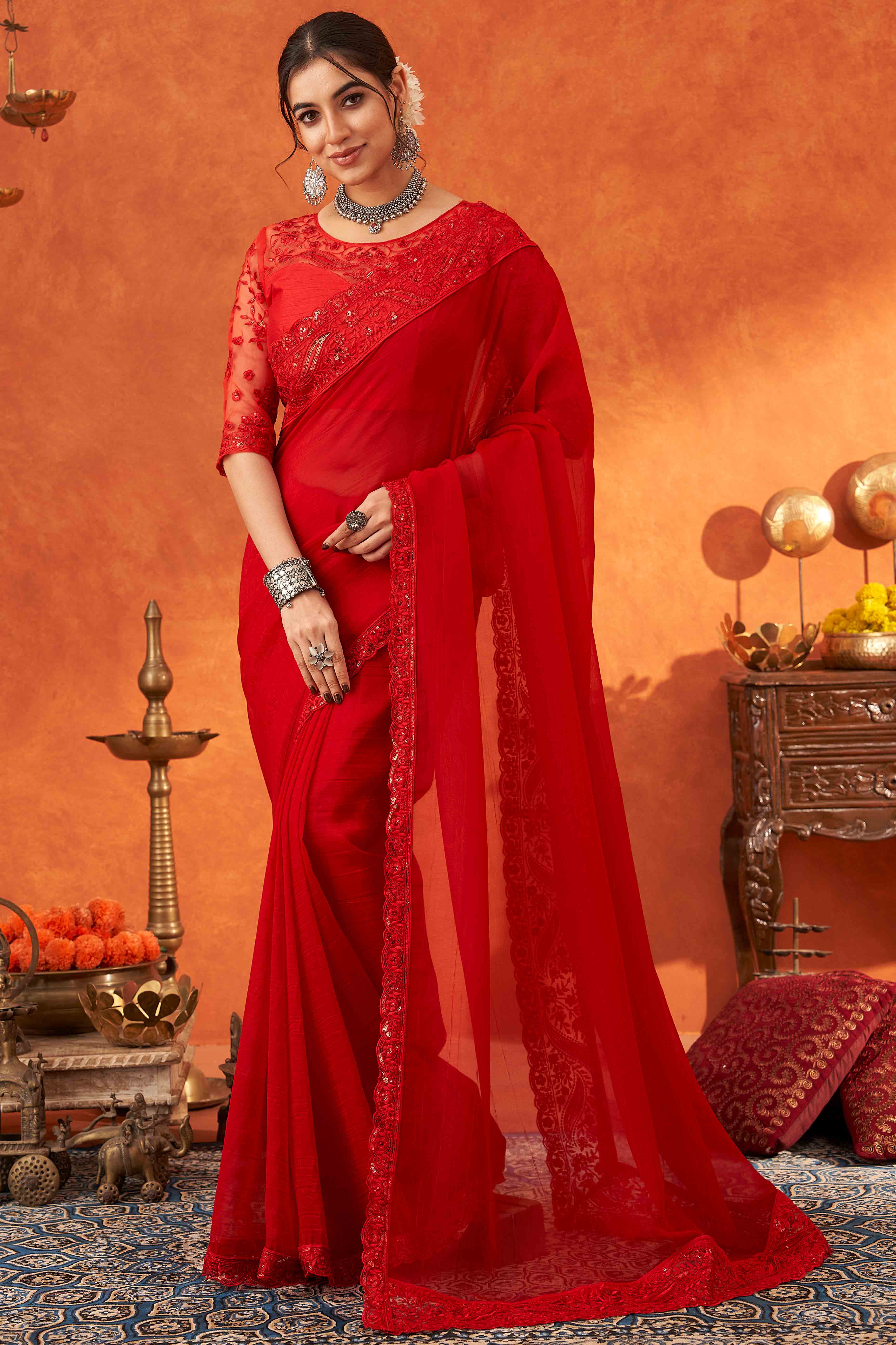 Red Embroidered Crunchy Soft Net Saree With Embellished Border