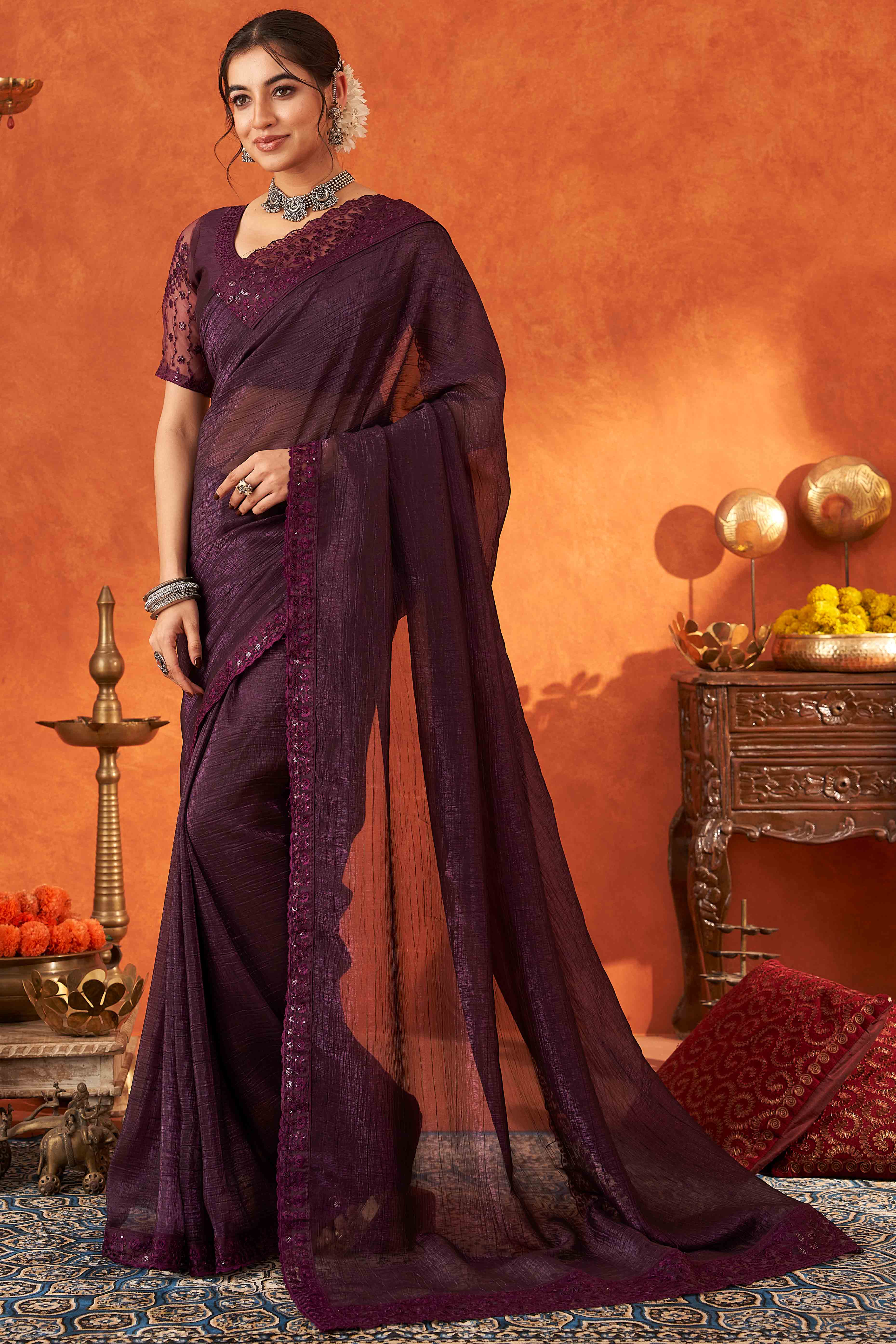 Wine Embroidered Crunchy Soft Net Saree With Embellished Border