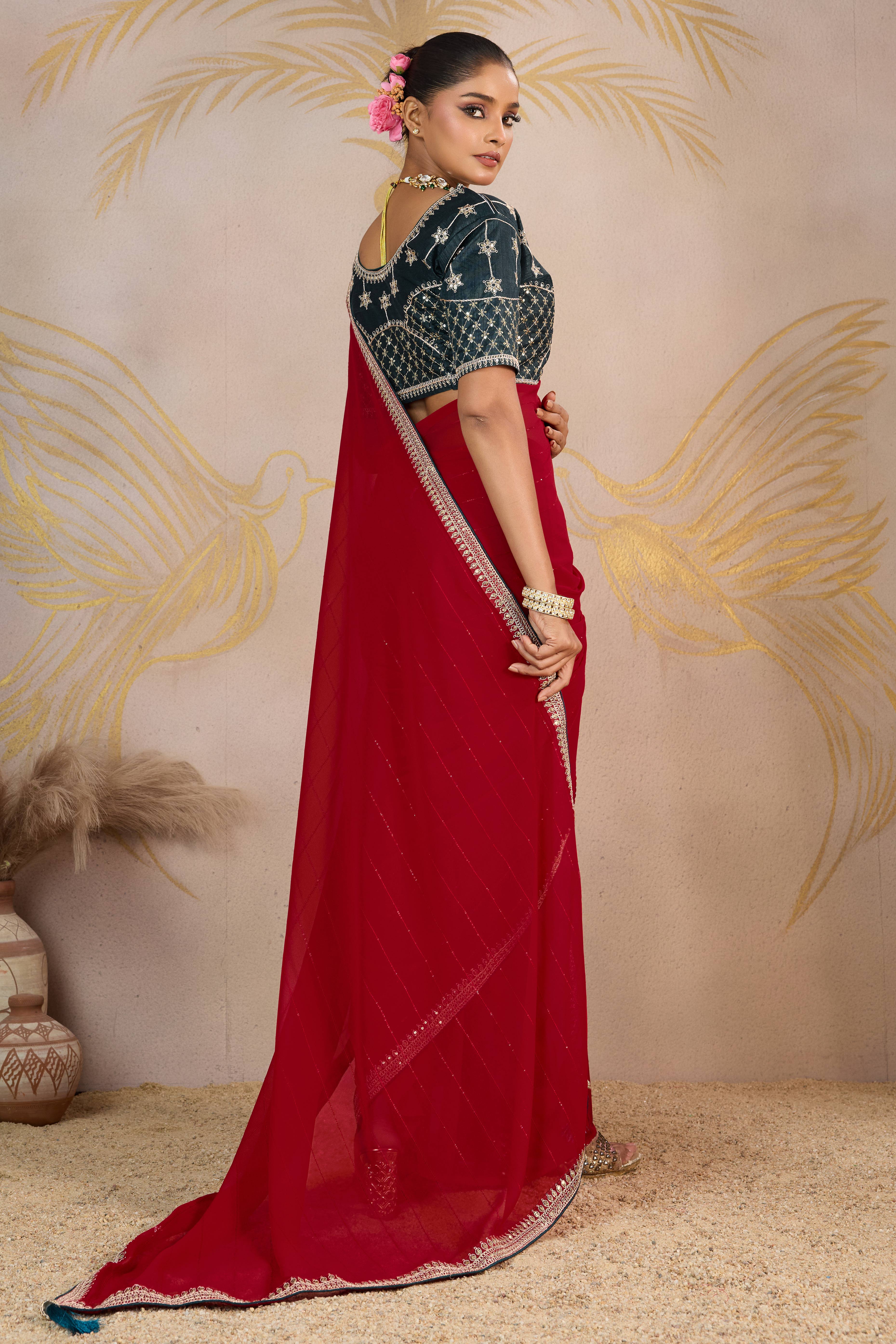 Red Zari Embroidered Georgette Saree Accented With Sequins