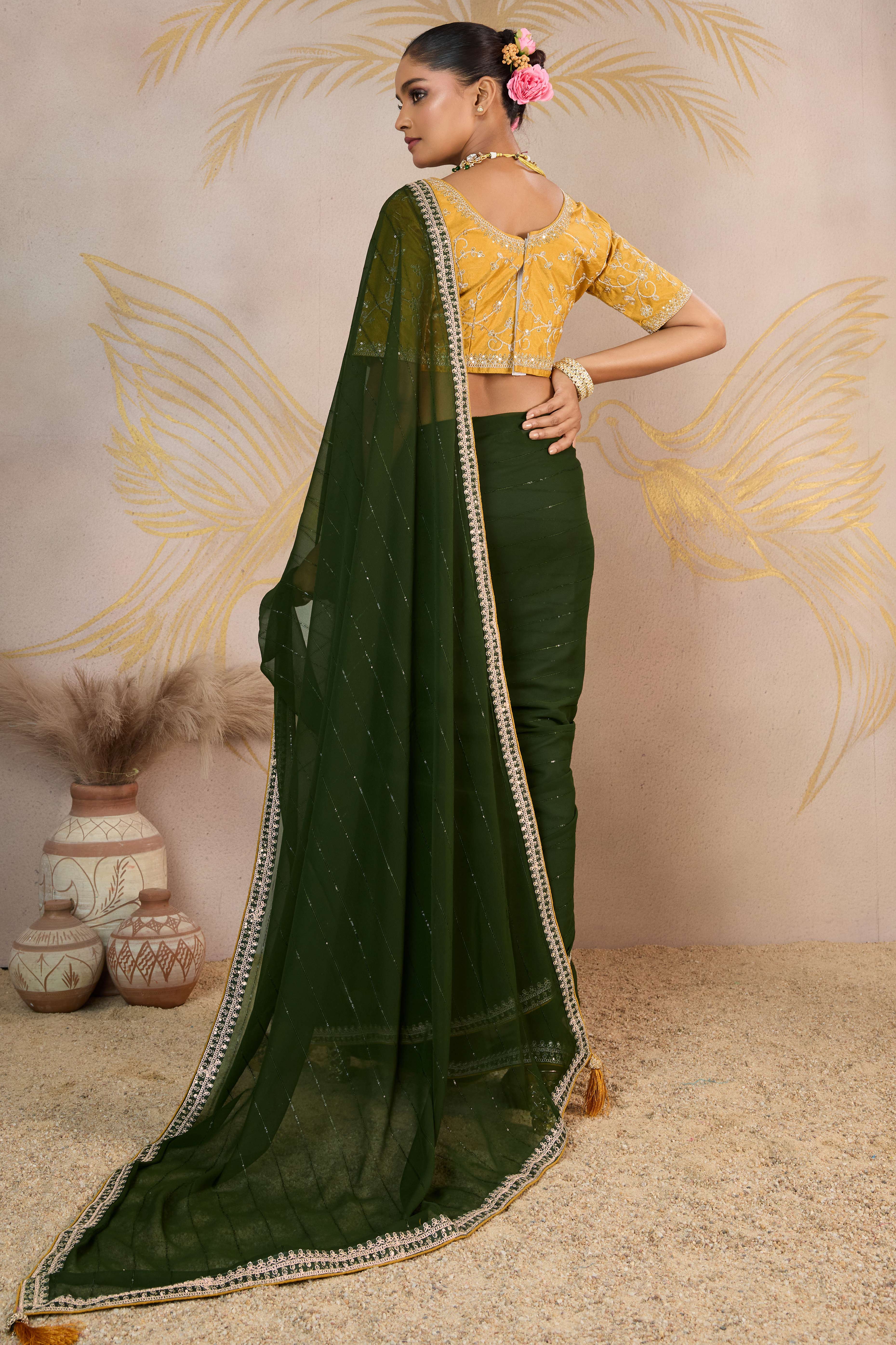 Mehendi Green Zari Embroidered Georgette Saree Accented With Sequins