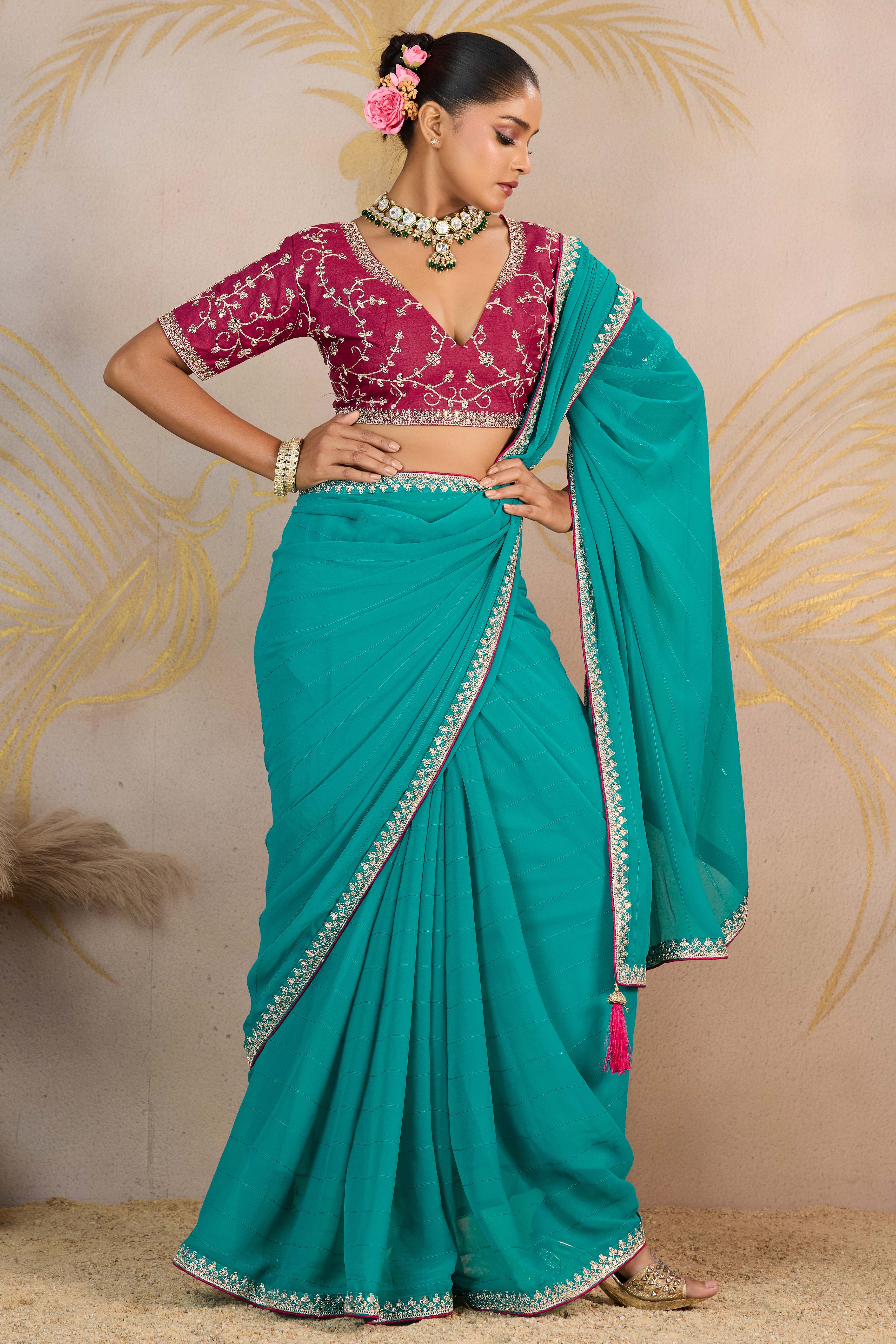 Sky Blue Zari Embroidered Georgette Saree Accented With Sequins