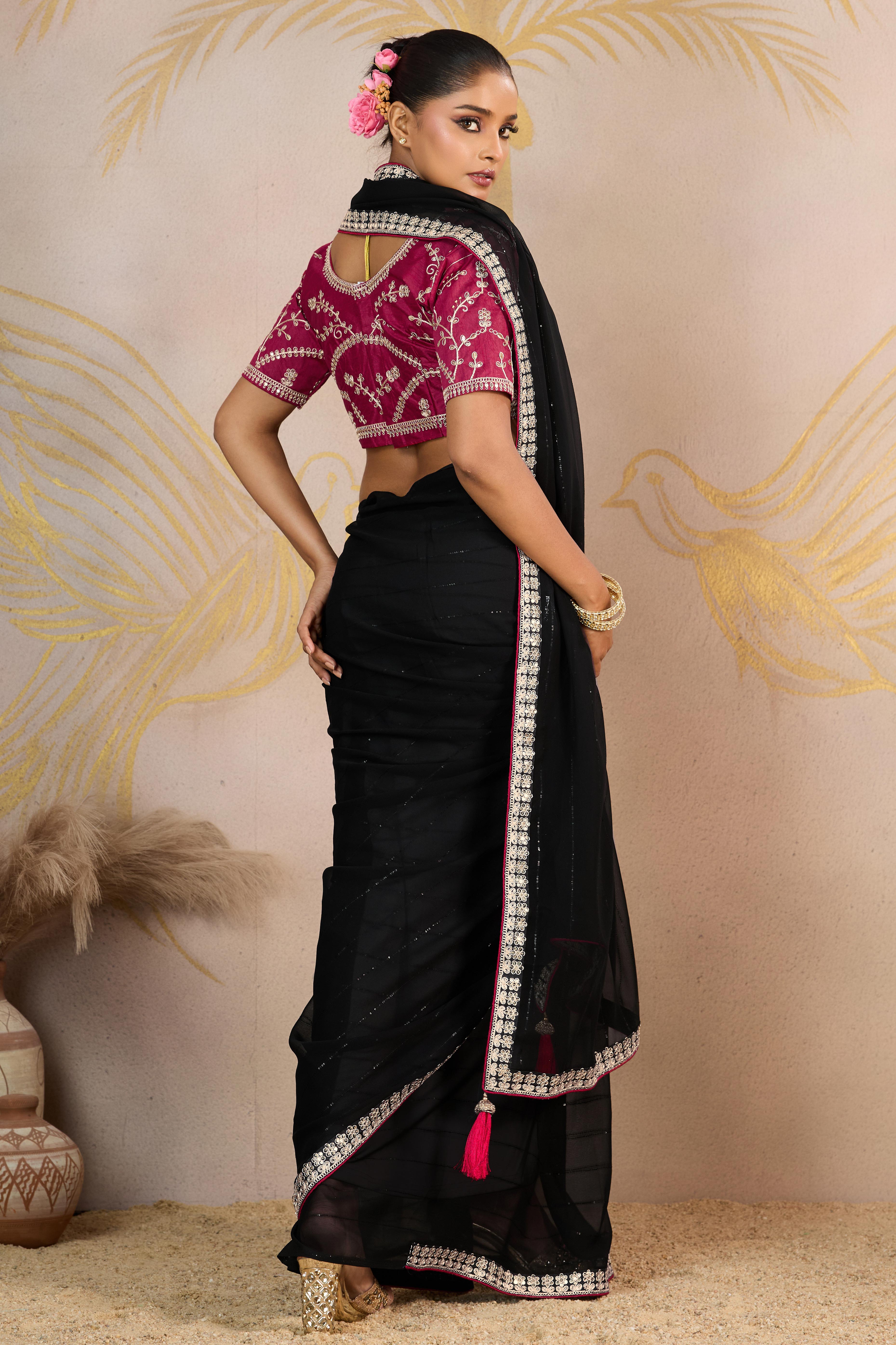 Black Zari Embroidered Georgette Saree Accented With Sequins