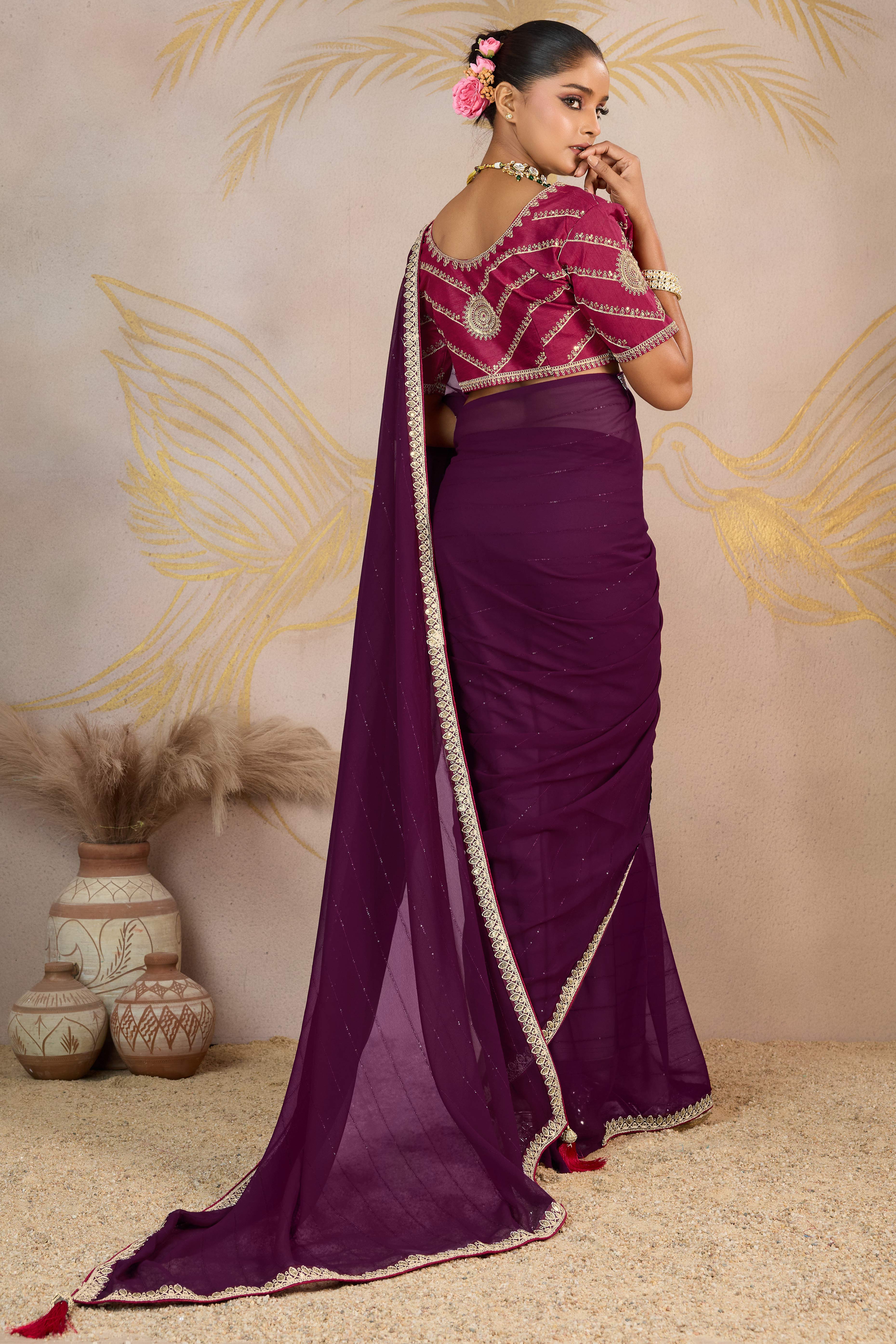 Wine Zari Embroidered Georgette Saree Accented With Sequins