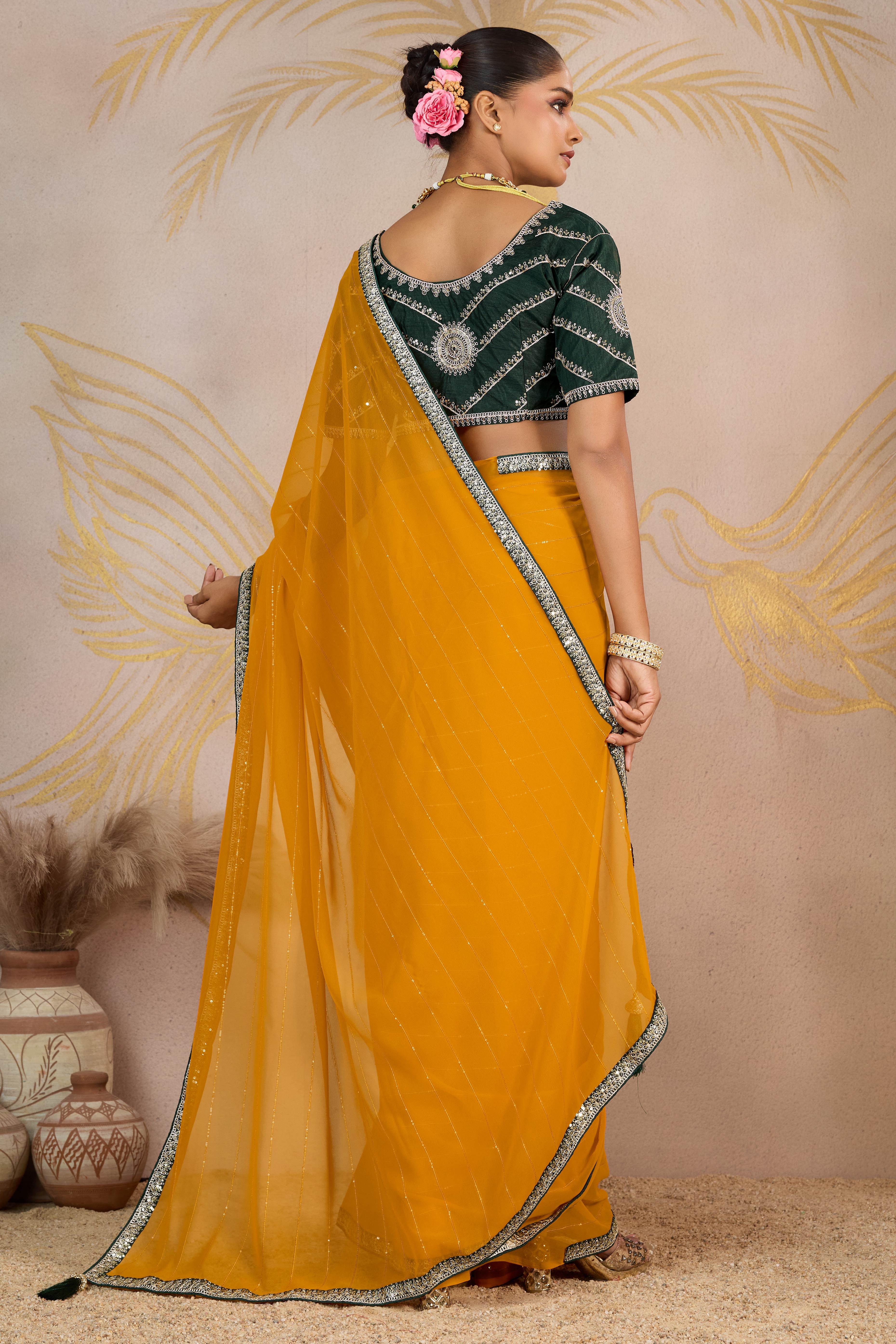 Mustard Zari Embroidered Georgette Saree Accented With Sequins