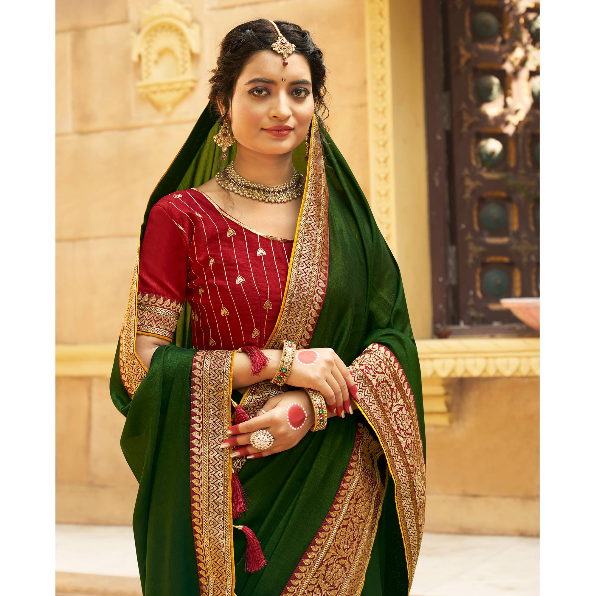 Green Solid With Embroidered Border Vichitra Silk Saree
