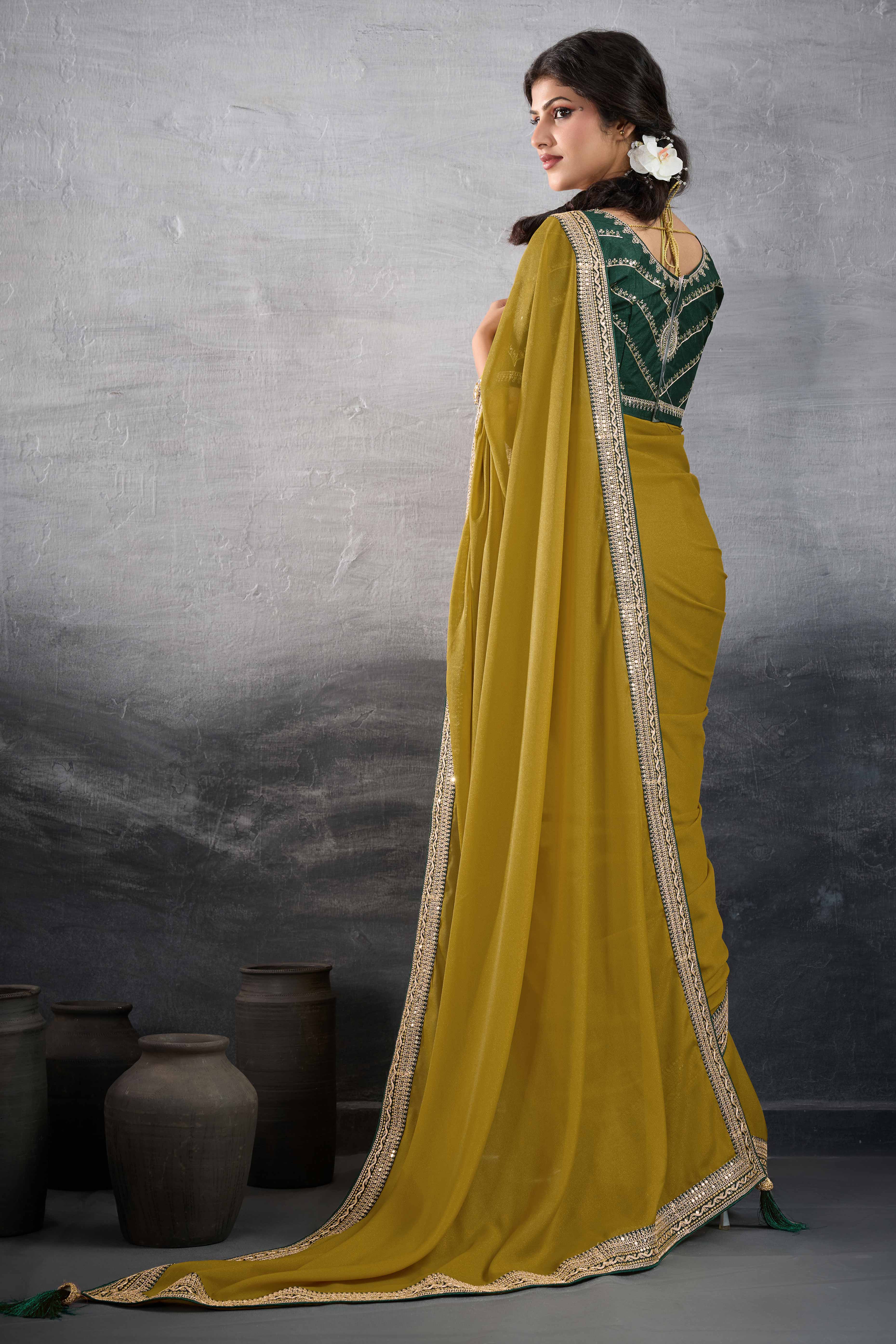 Mustard Solid Saree In Georgette With Zari & Sequins Embroidery Border