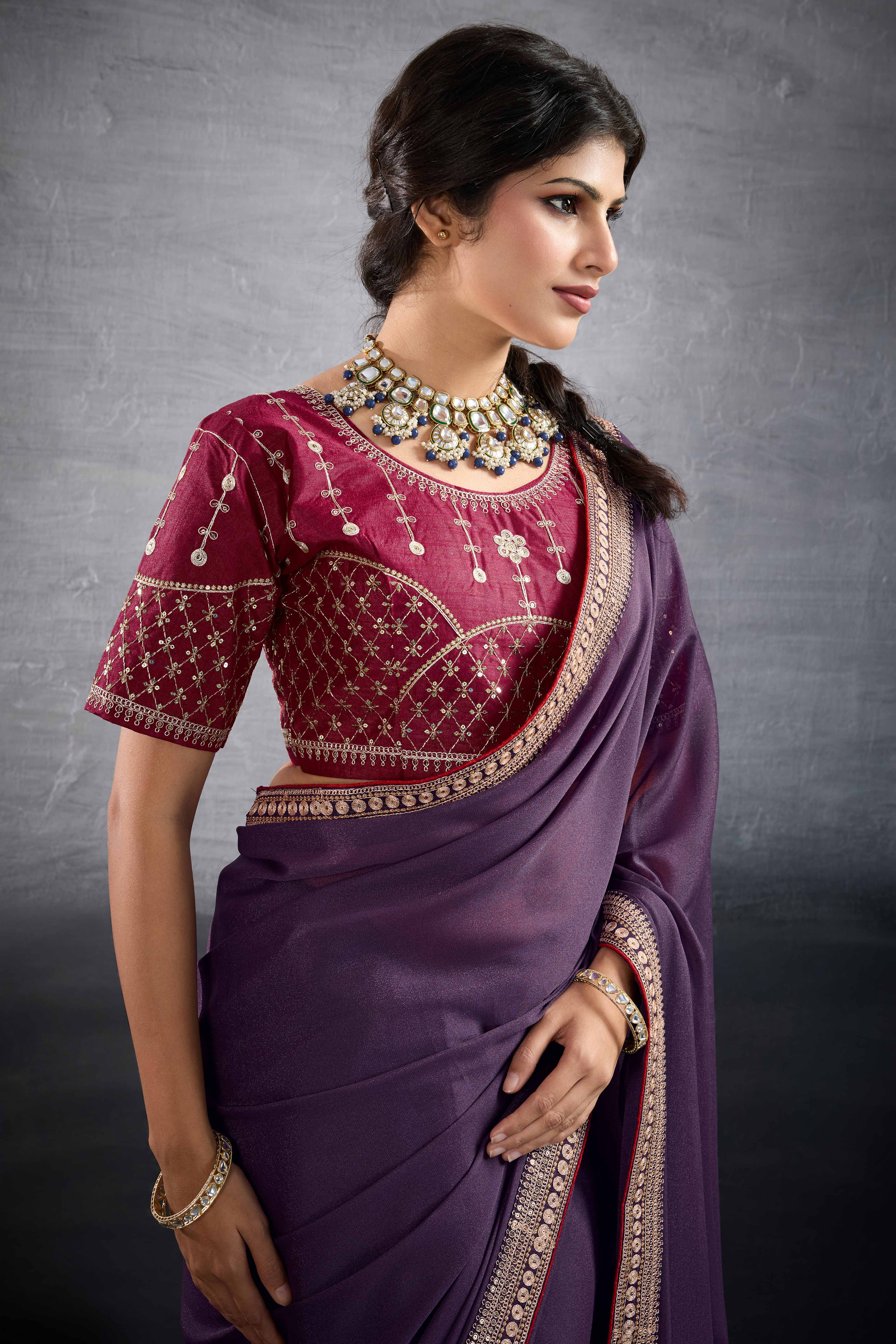 Purple Solid Saree In Georgette With Zari & Sequins Embroidery Border