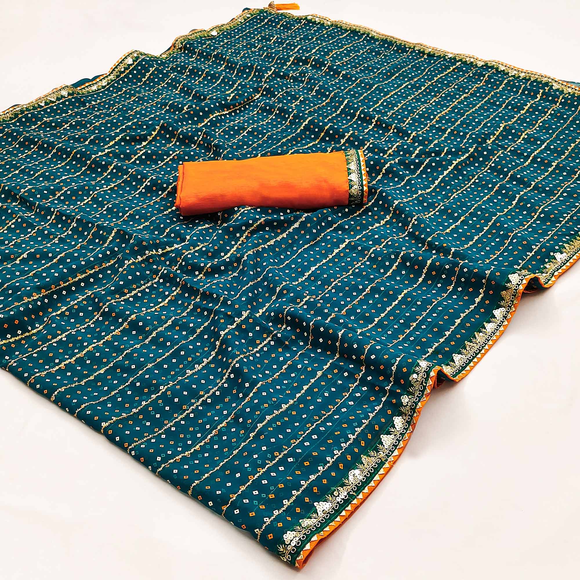 Charming Teal Bandhani Printed Georgette Saree With Glittering Sequins & Zari Border
