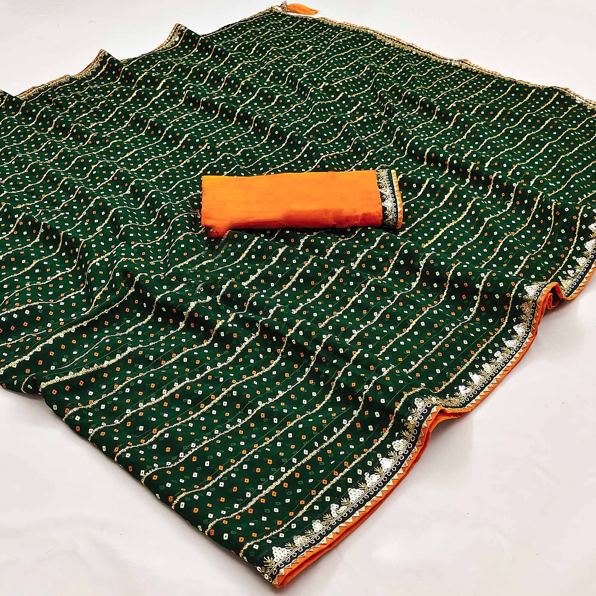 Charming Green Bandhani Printed Georgette Saree With Glittering Sequins & Zari Border