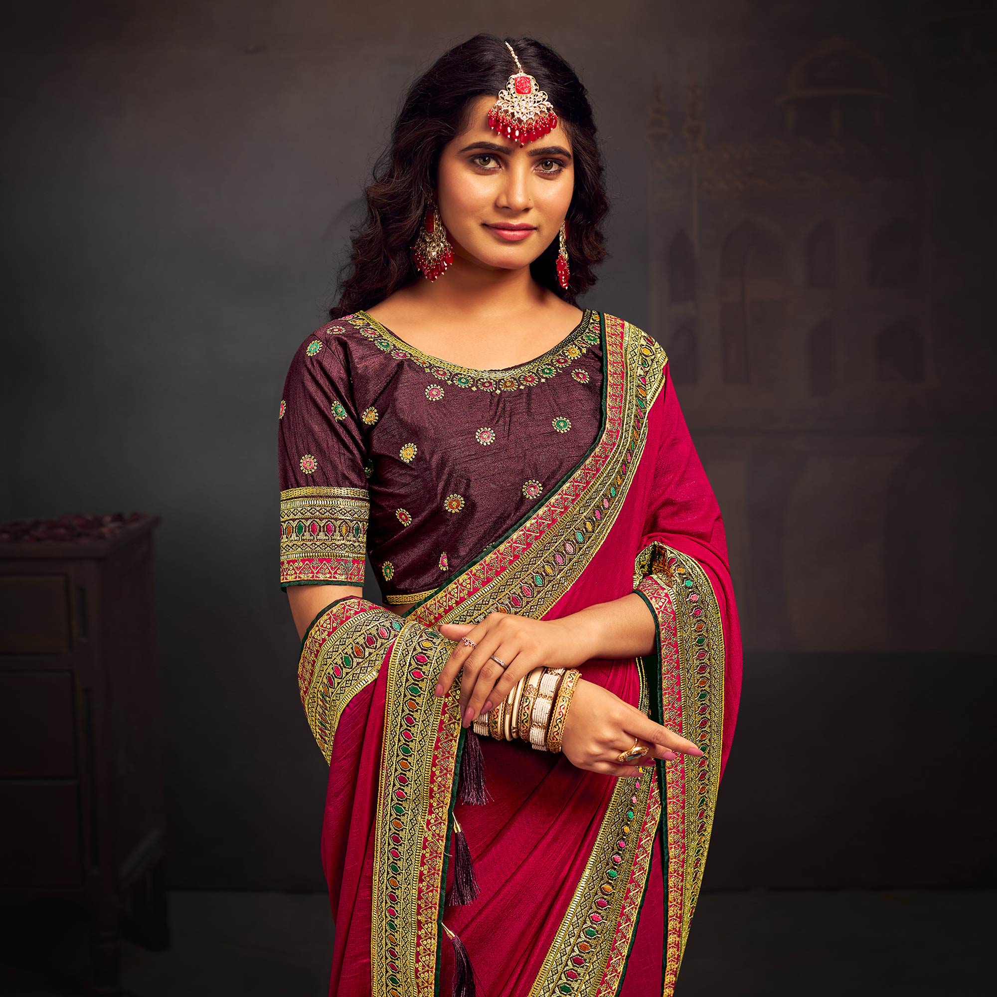 Rani Pink Solid With Embroidered Border Vichitra Silk Saree