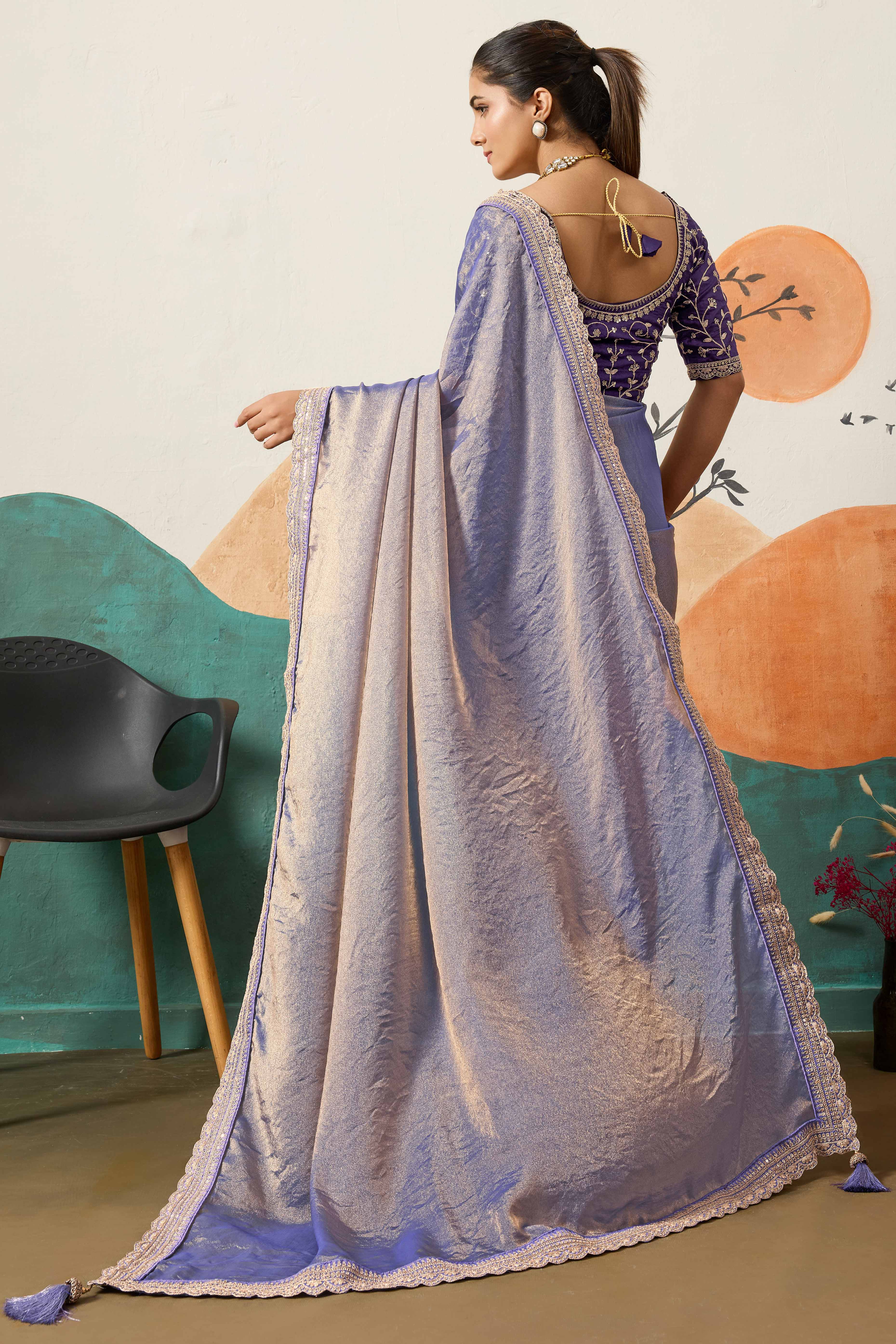 Sophisticated Lavender Solid Moss Orgnaza Saree With Intricate Cording Sequins Embroidery Border