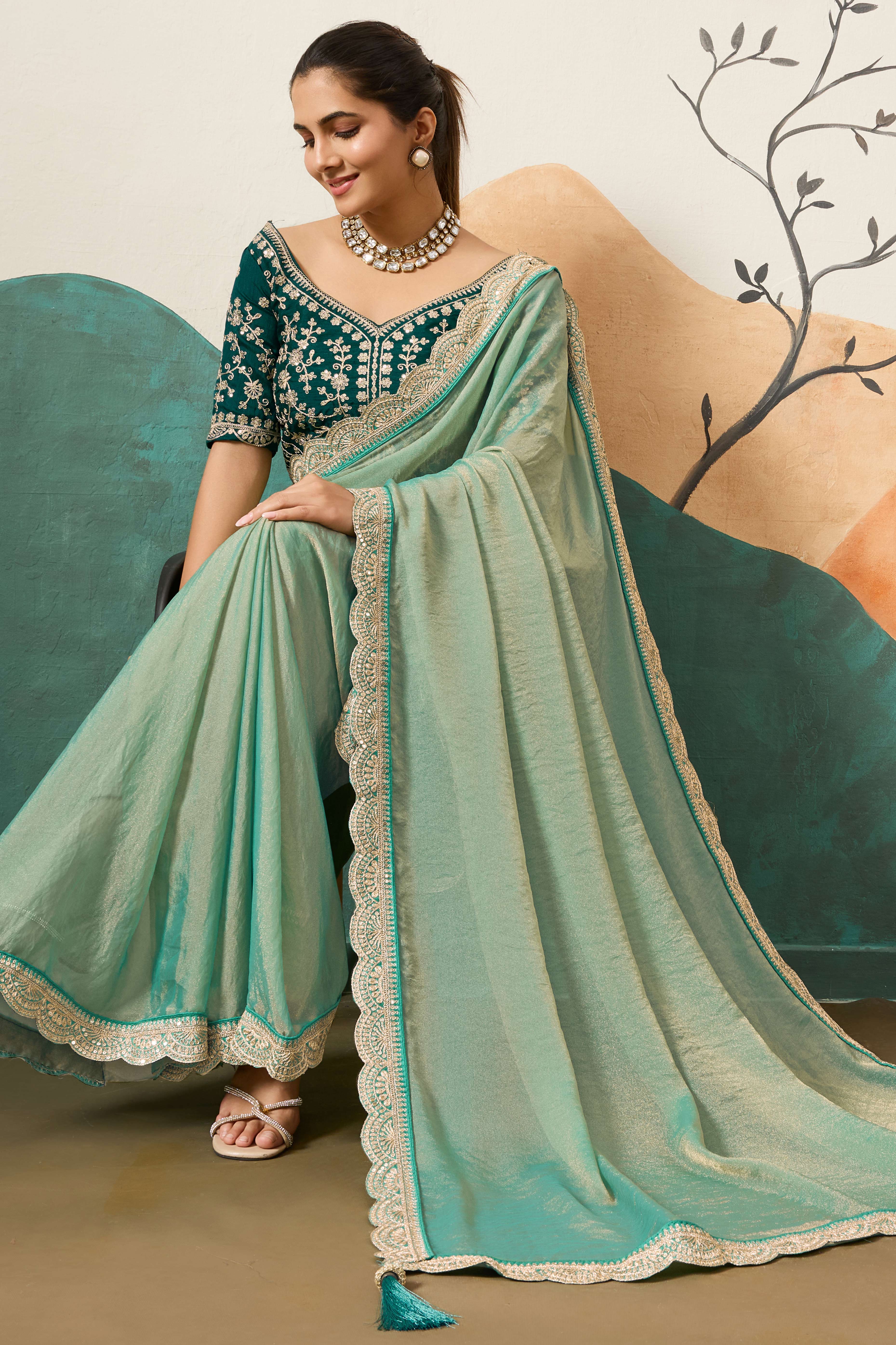 Sophisticated Sea Green Solid Moss Orgnaza Saree With Intricate Cording Sequins Embroidery Border