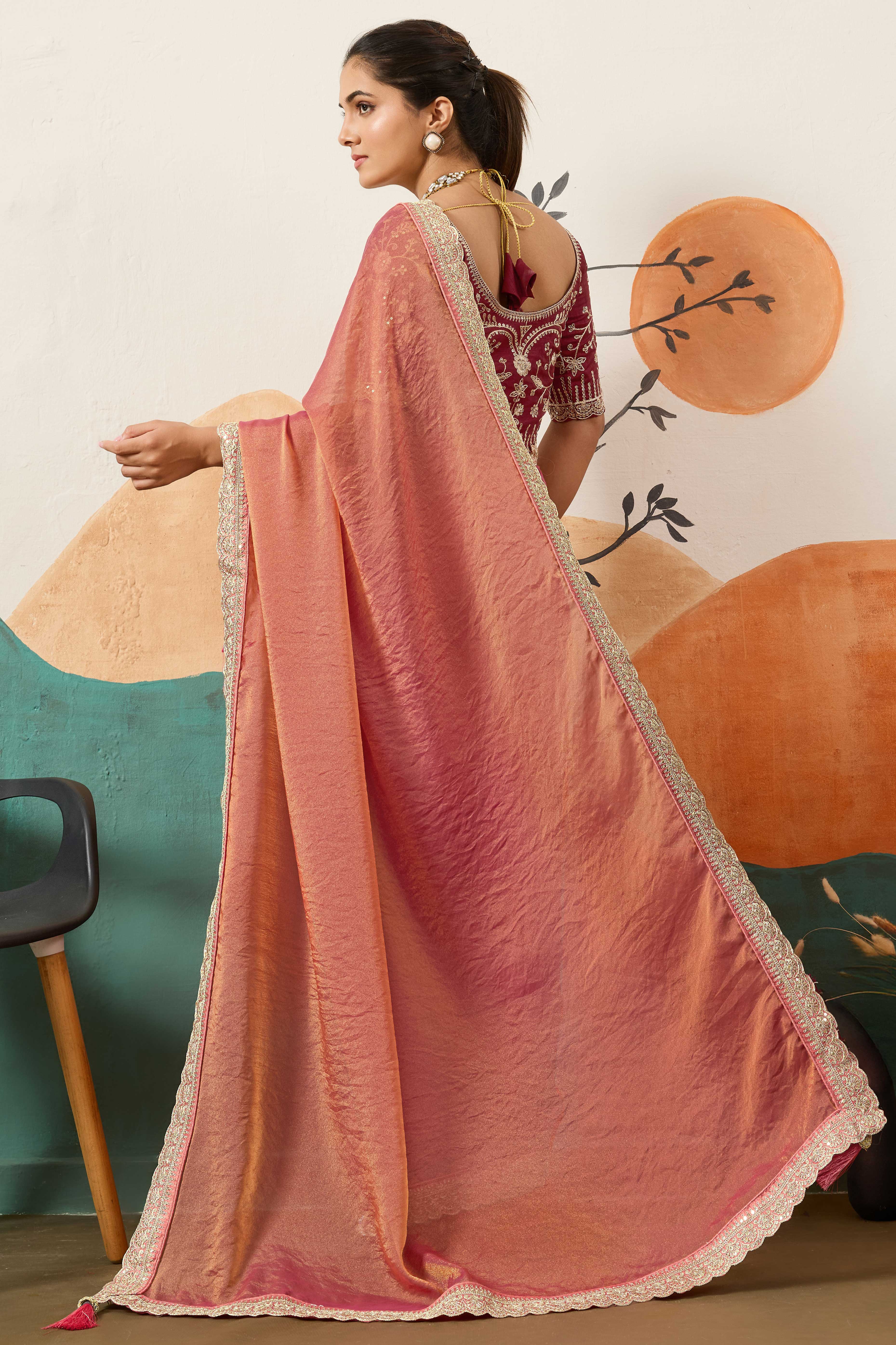 Sophisticated Gajari Pink Solid Moss Orgnaza Saree With Intricate Cording Sequins Embroidery Border