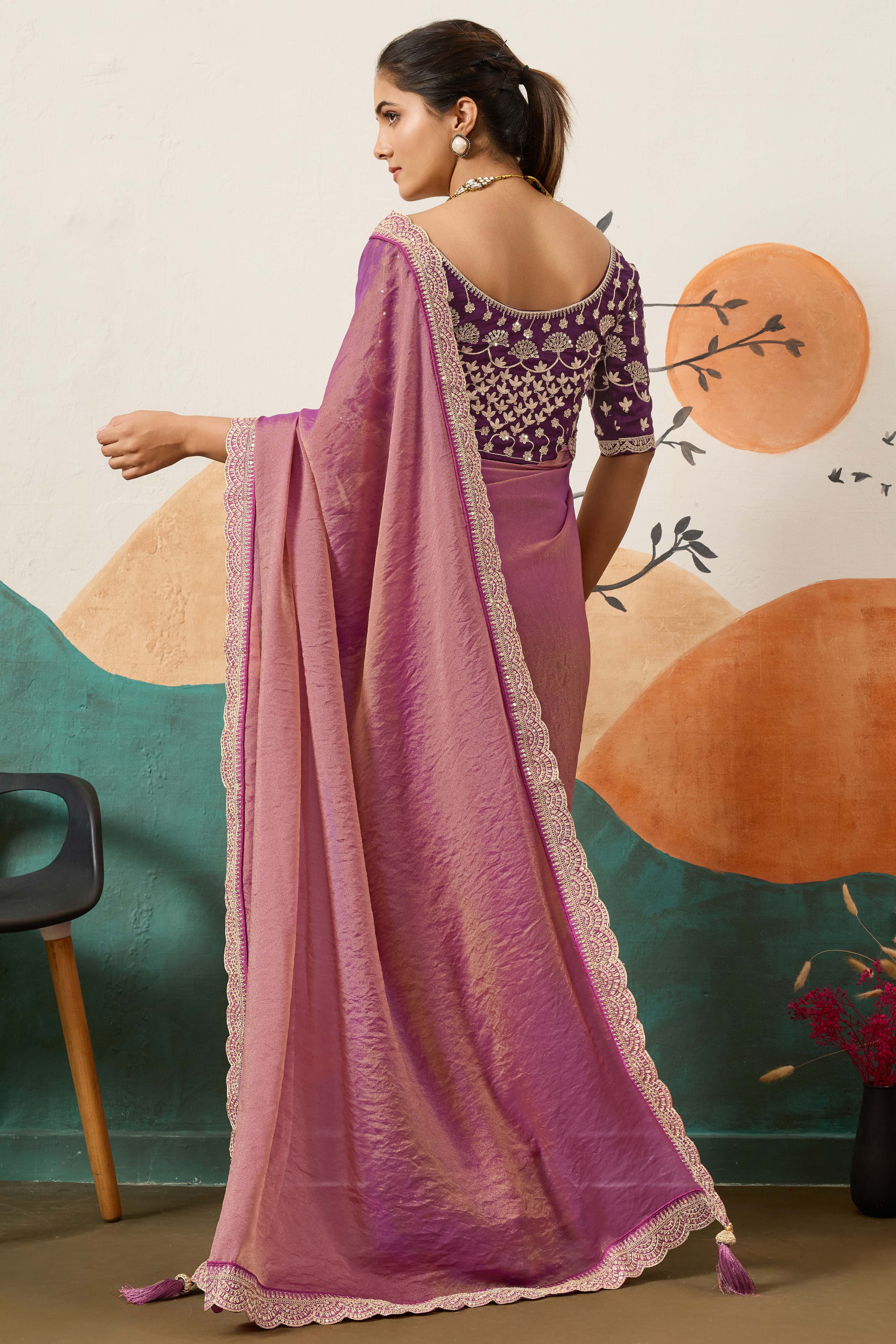 Sophisticated Purple Solid Moss Orgnaza Saree With Intricate Cording Sequins Embroidery Border