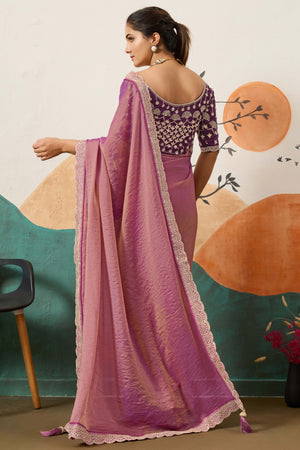 Sophisticated Purple Solid Moss Orgnaza Saree With Intricate Cording Sequins Embroidery Border