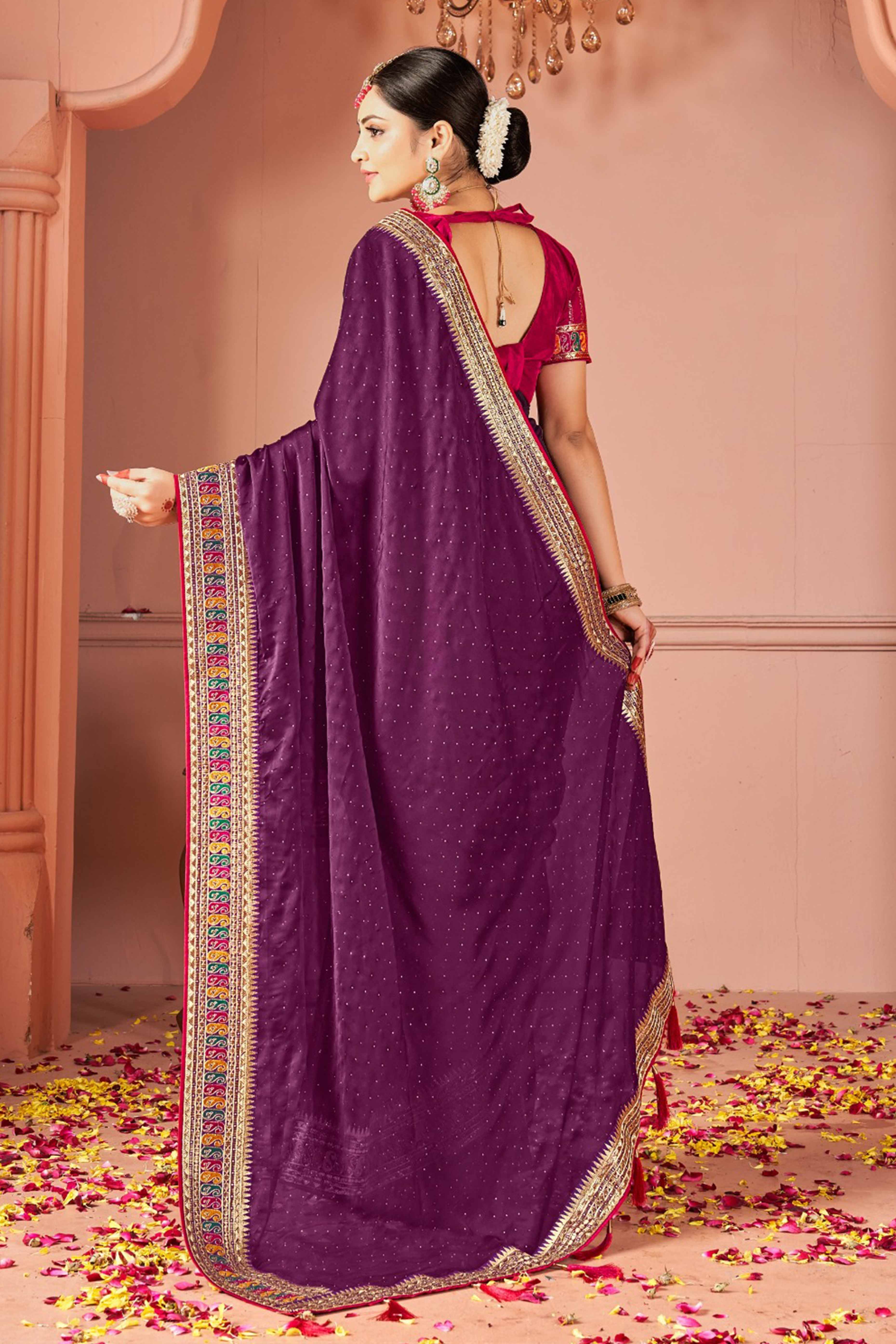 Wine Swarovski Work Satin Rangoli Saree With Embroidered Border