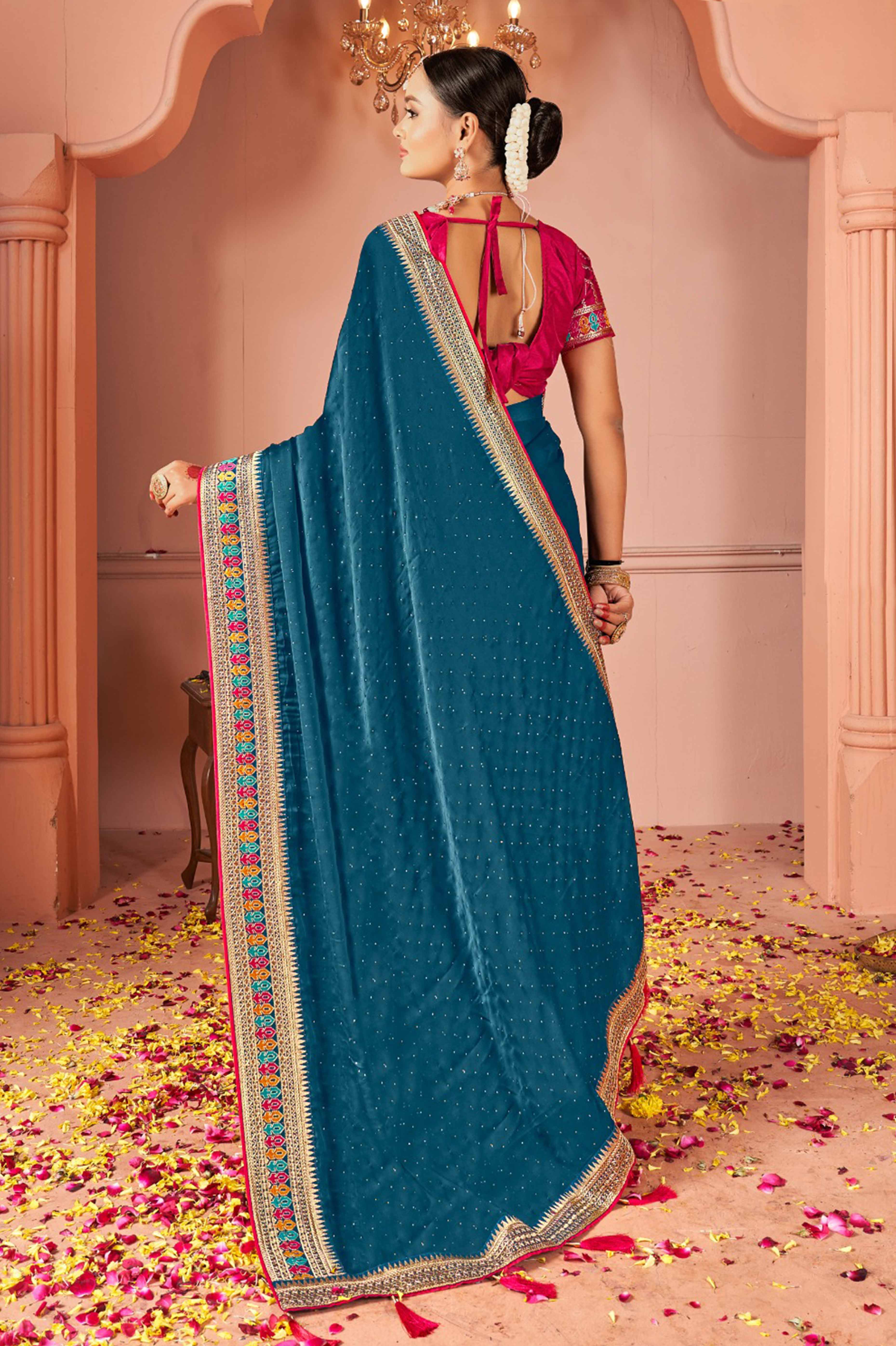 Teal Swarovski Work Satin Rangoli Saree With Embroidered Border