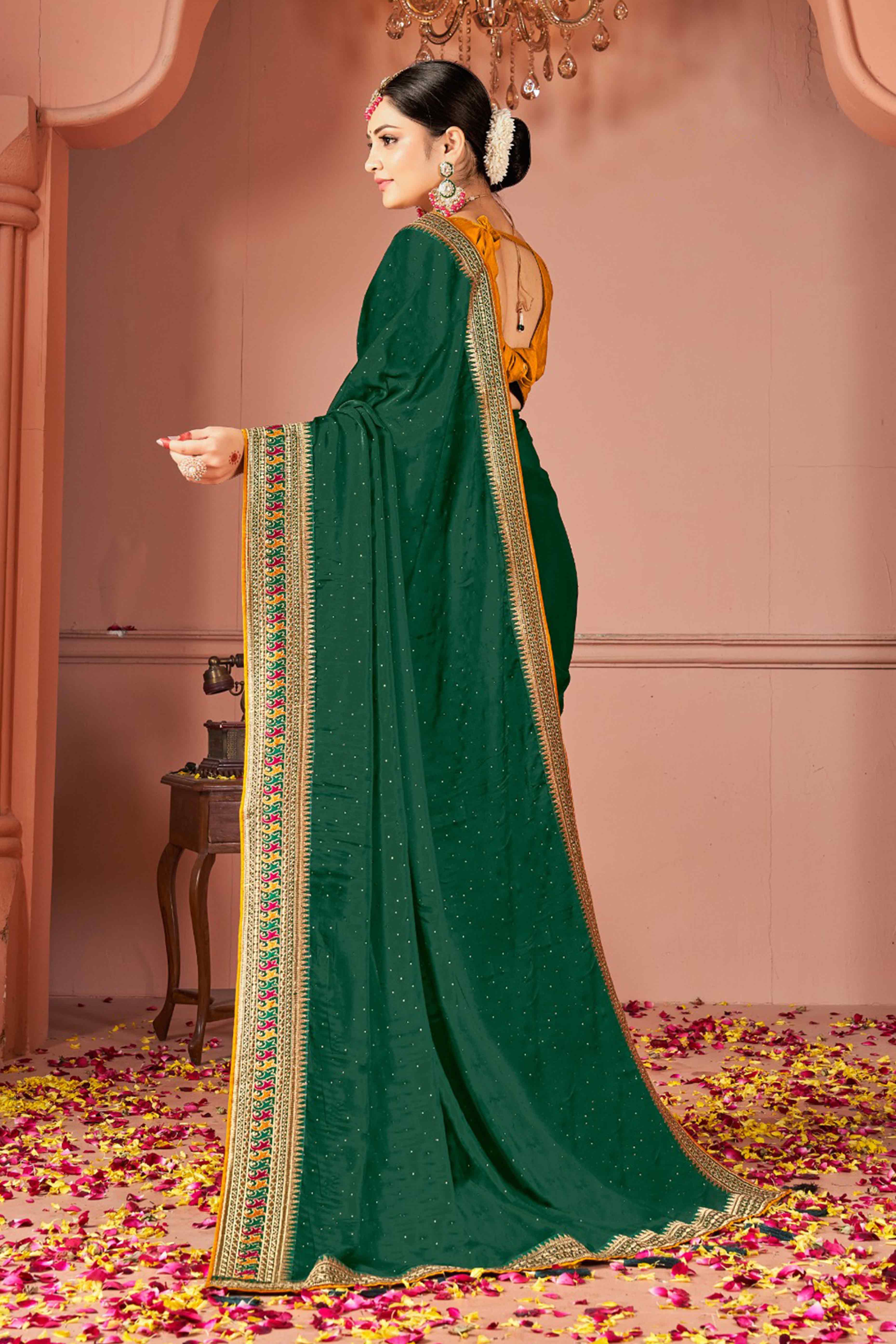 Green Swarovski Work Satin Rangoli Saree With Embroidered Border