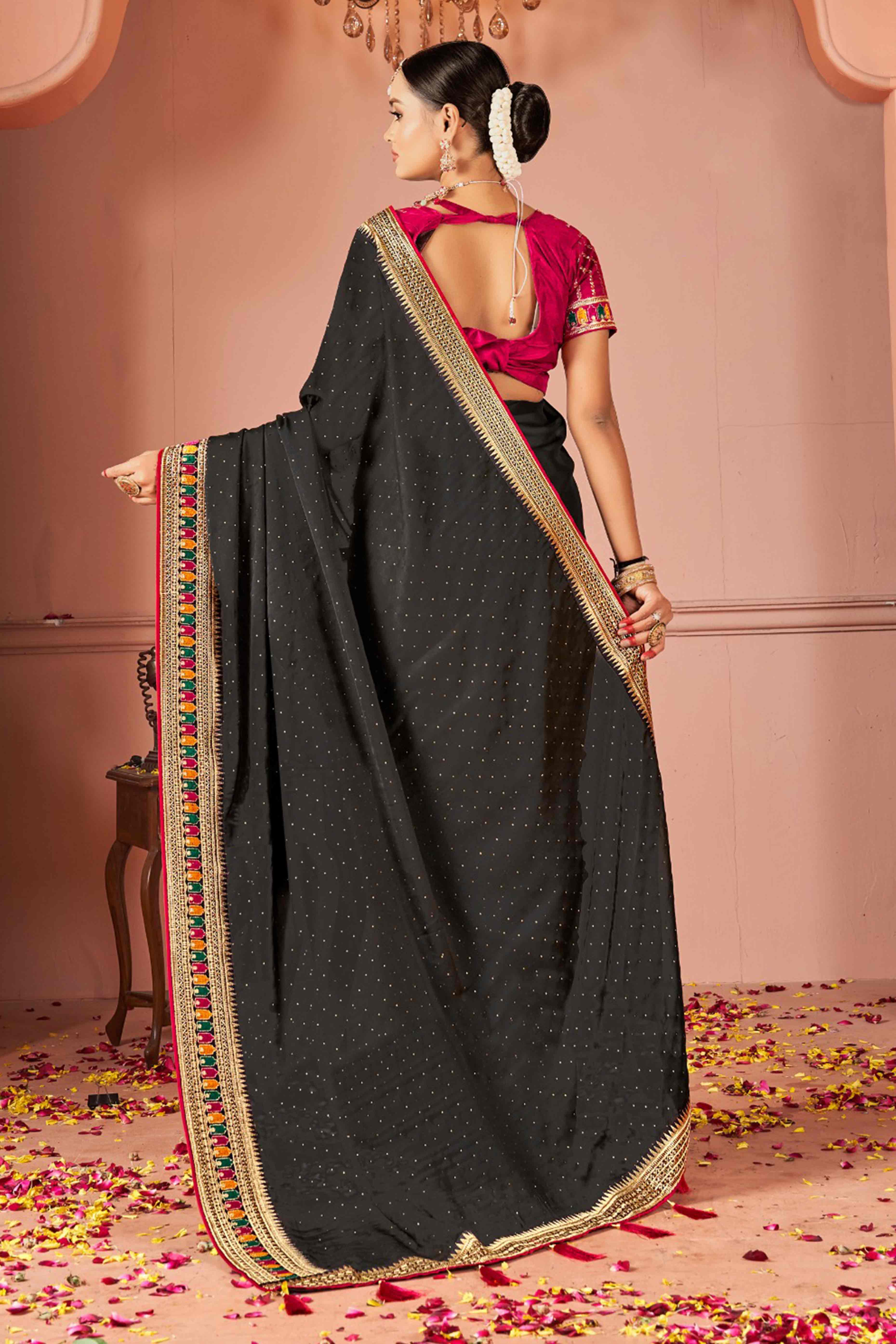 Black Swarovski Work Satin Rangoli Saree With Embroidered Border