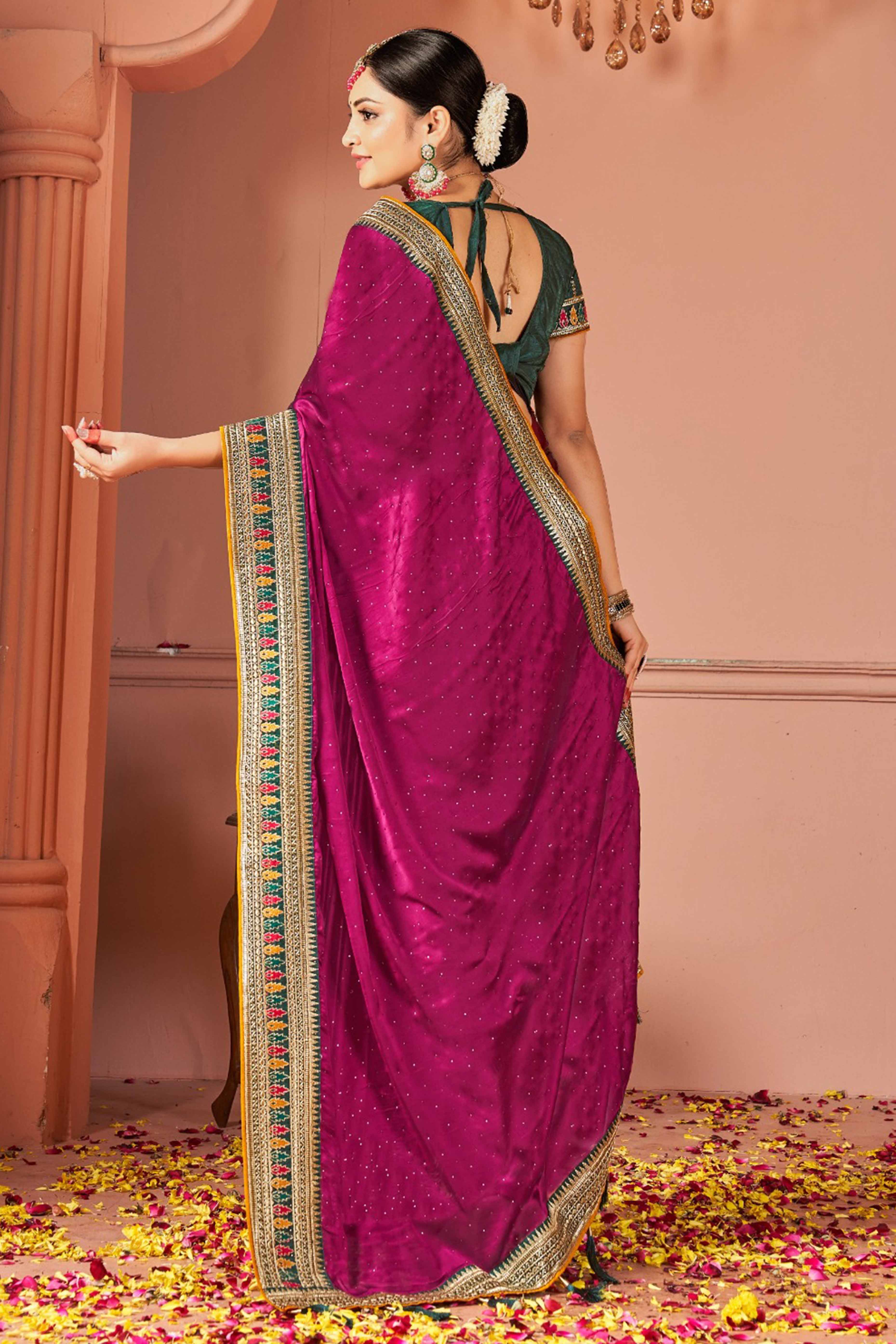 Magenta Swarovski Work Satin Rangoli Saree With Embroidered Border