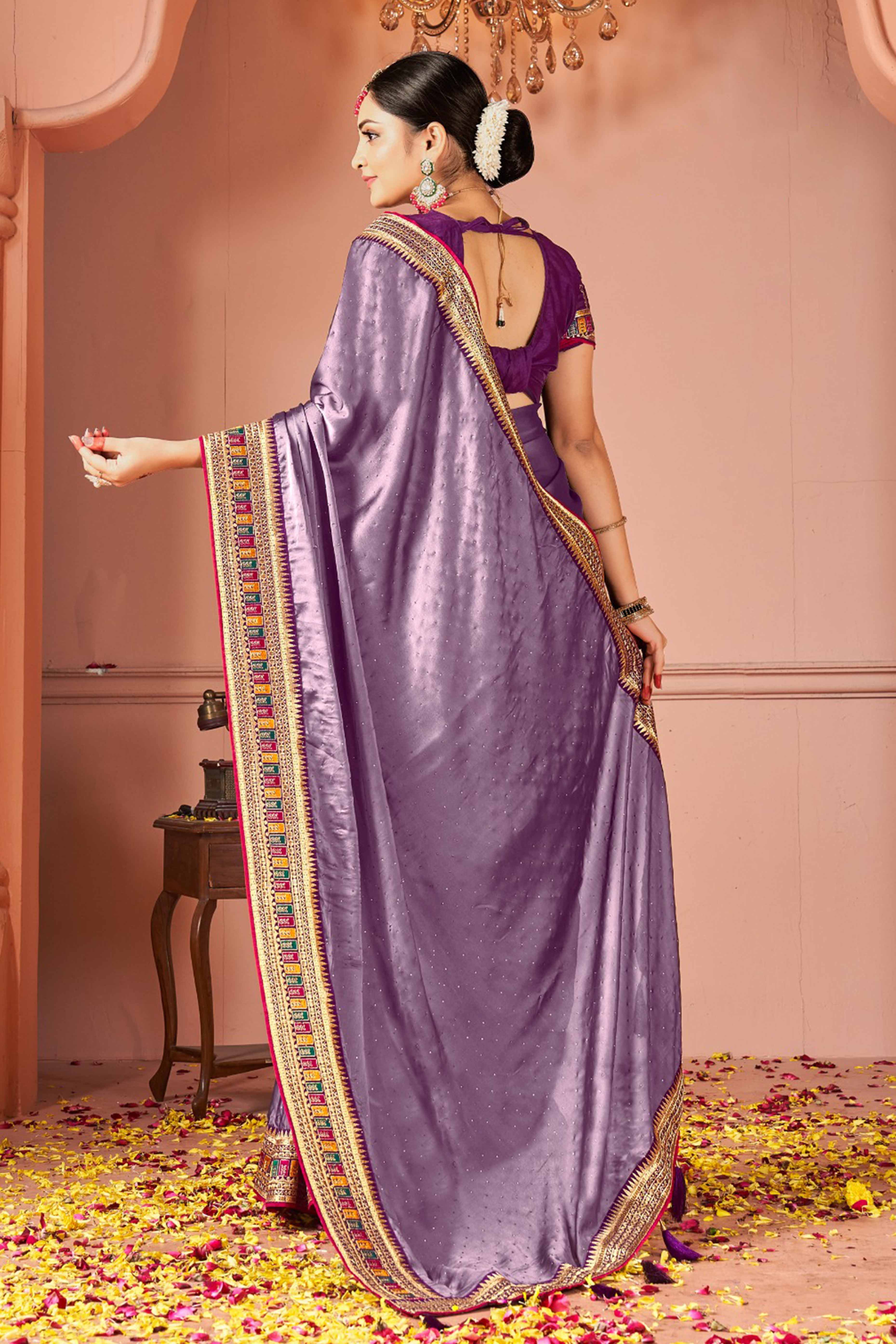 Lavender Swarovski Work Satin Rangoli Saree With Embroidered Border