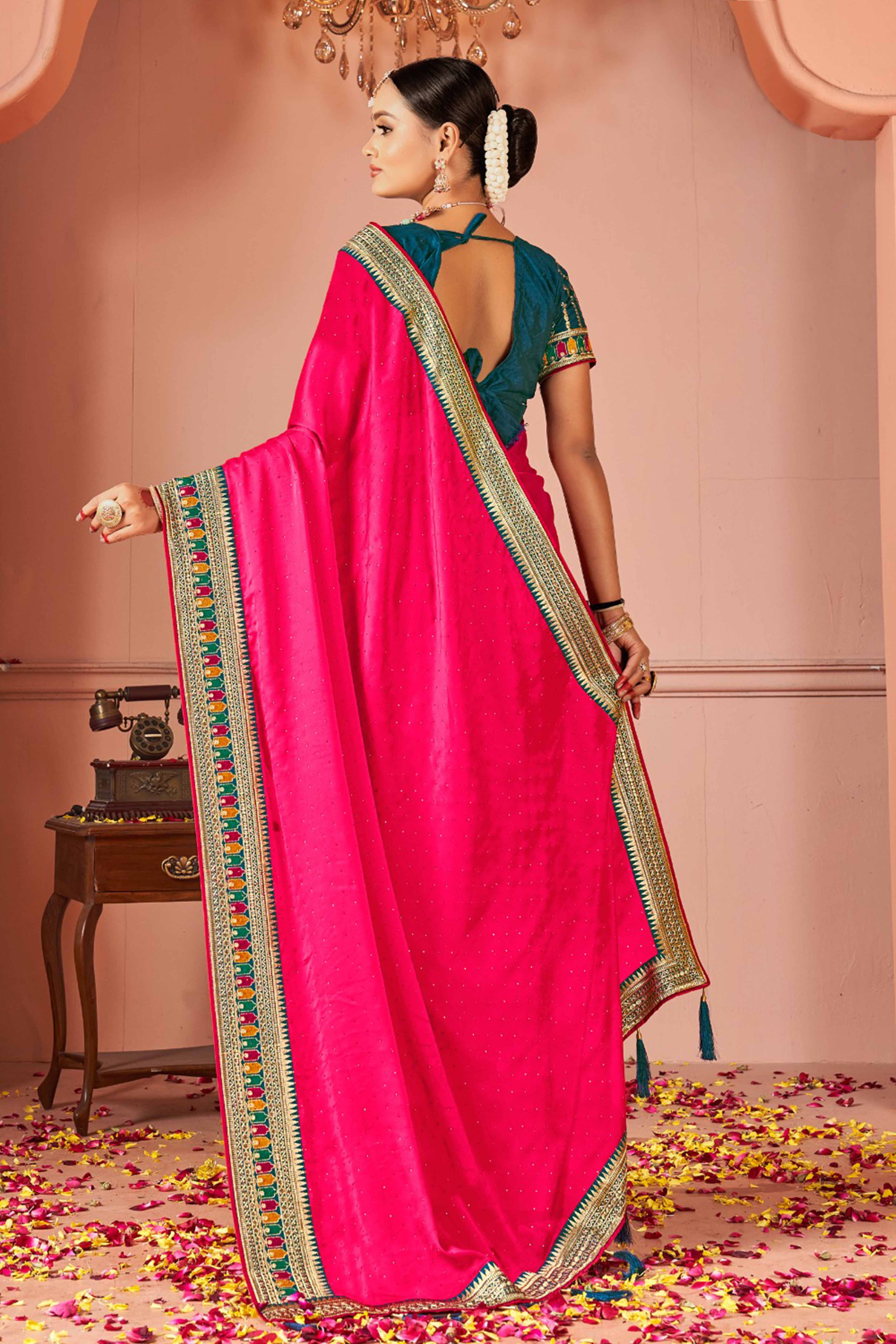 Pink Swarovski Work Satin Rangoli Saree With Embroidered Border