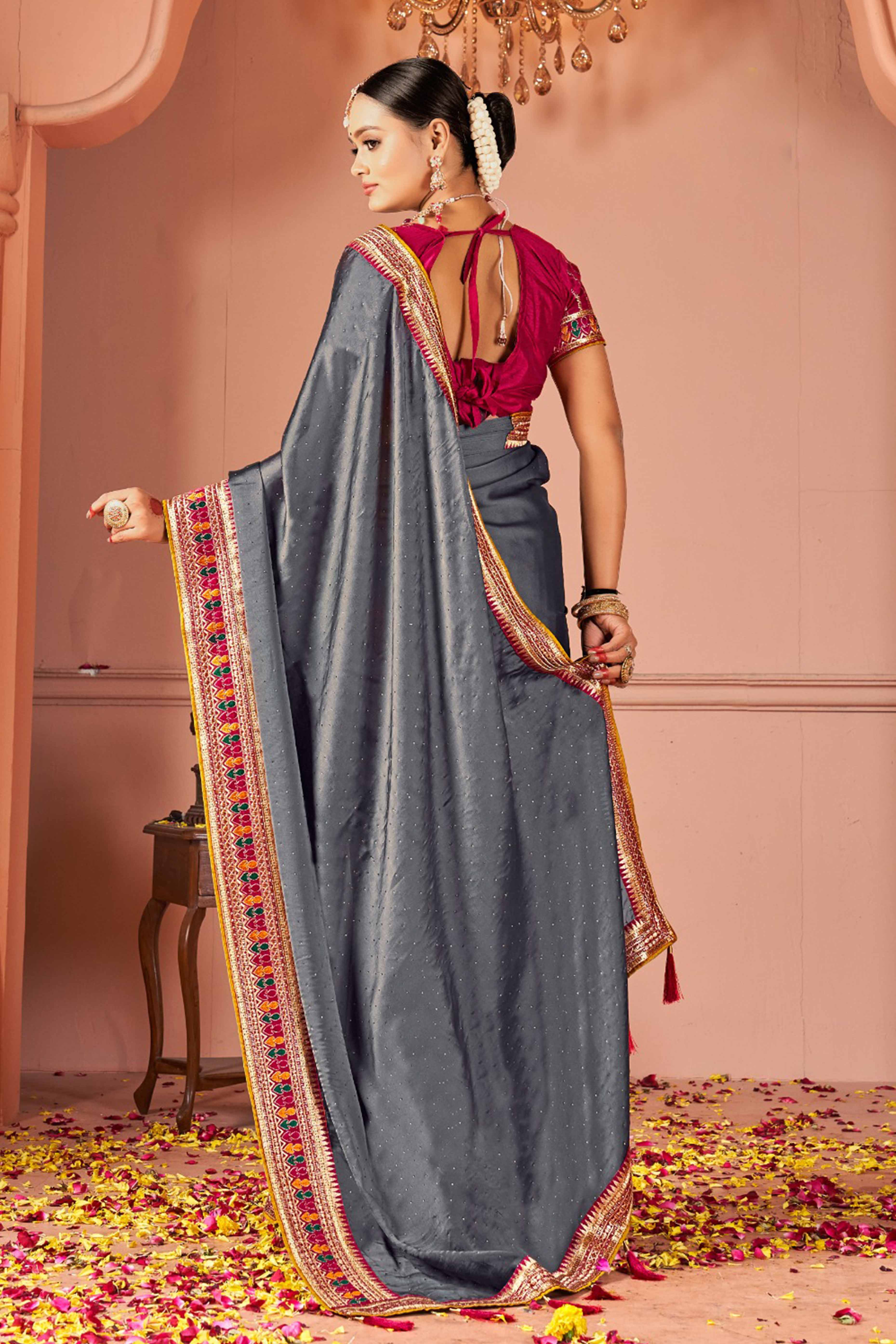 Grey Swarovski Work Satin Rangoli Saree With Embroidered Border