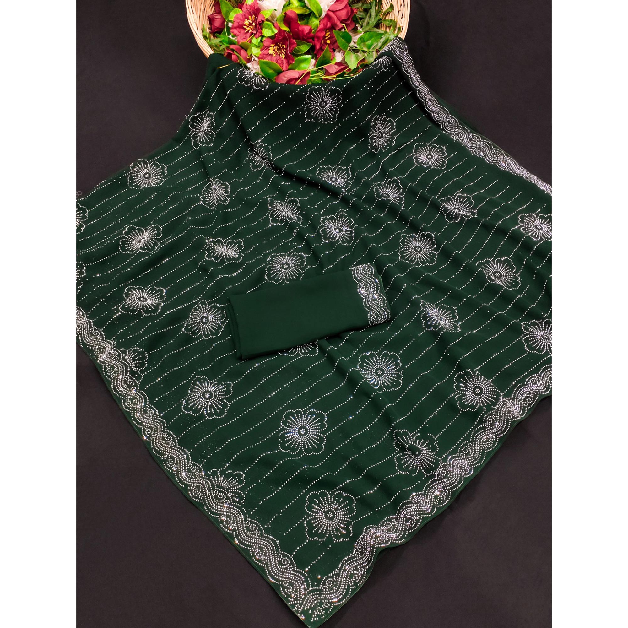 Green Floral Swarovski Work Georgette Saree