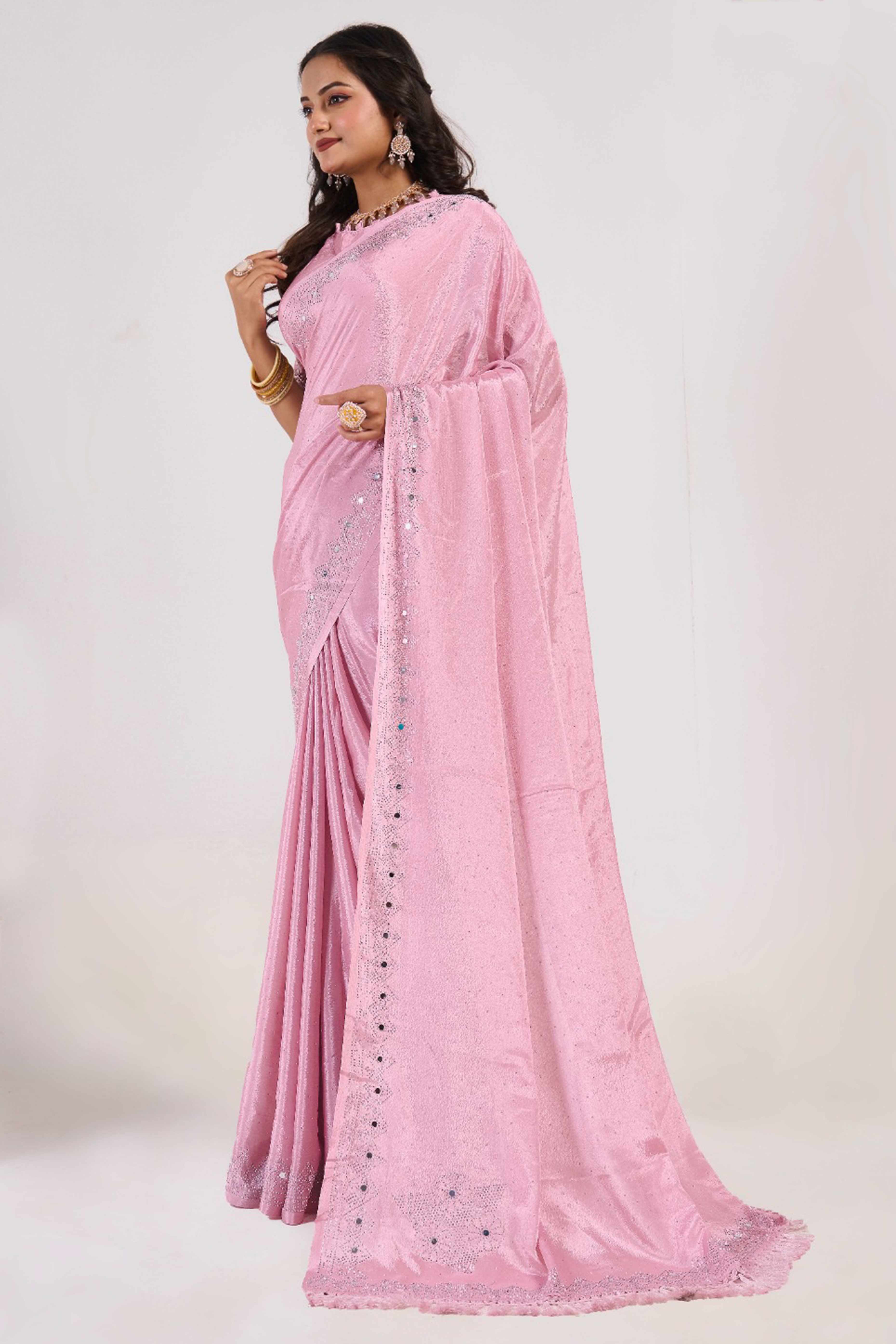 Pink Swarovski With Mirror Work Chinon Saree